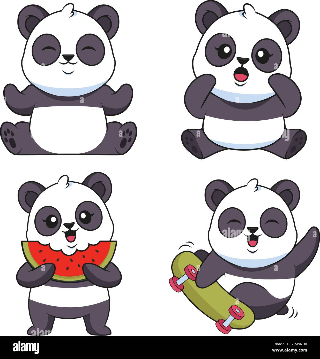 Set von lustigen handgezeichneten Baby Pandas meditieren, überraschend, Essen Wassermelone, Skateboarding Stock Vektor