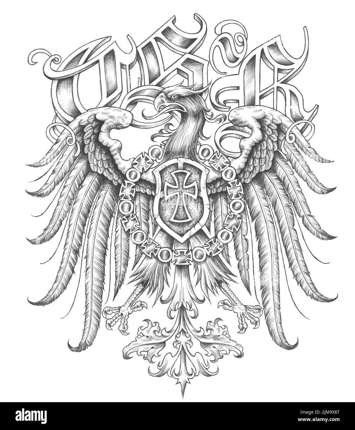 Das Tattoo-Design des Wappens mit Adler und Kreuz Stockfoto