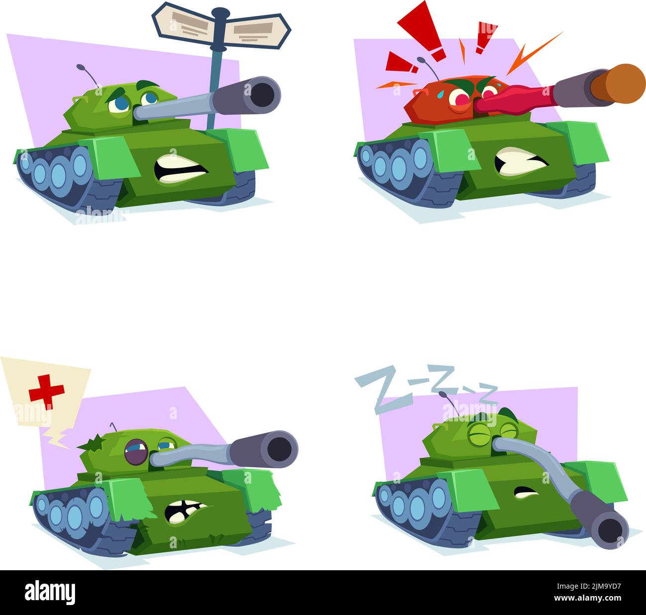Set von handgezeichneten Cartoon-Tanks am Richtungszeiger, Schießen mit Kork, benötigte Reparatur, Schlafen Stock Vektor