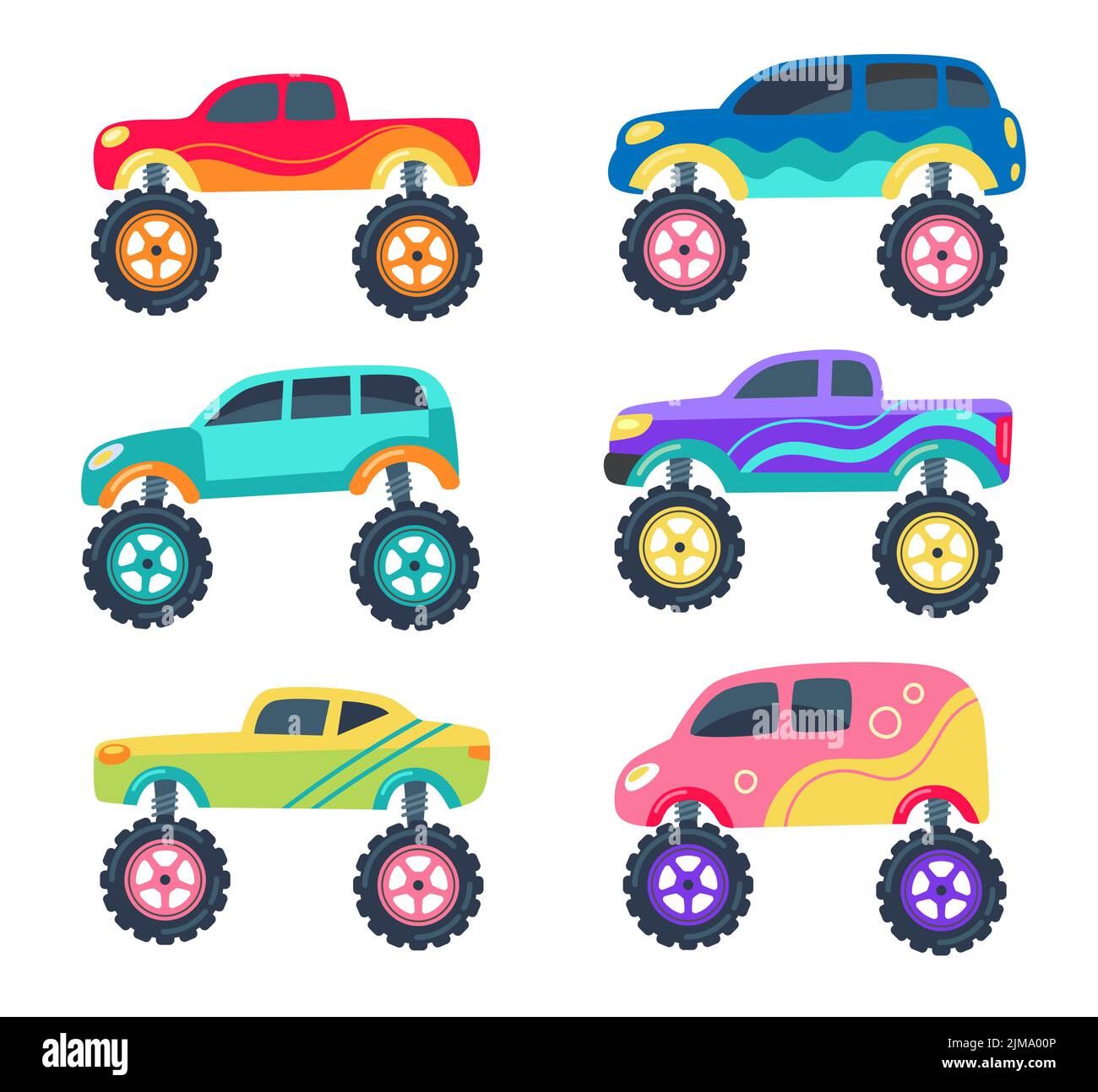 Monster Trucks als Spielzeug für Kinder Vektor Illustrationen Set. Sammlung von kindlichen Karikatur-Zeichnungen von Retro-Rennwagen mit großen Rädern auf w isoliert Stock Vektor