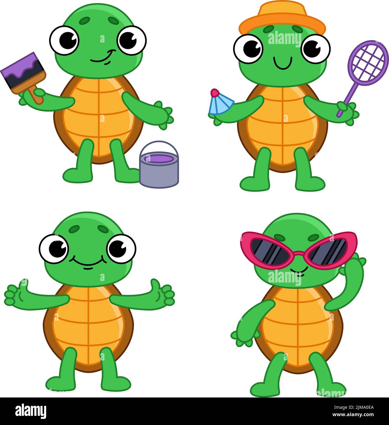 Handgezeichnete Schildkröten mit Pinsel und Farbe, Schläger und Federball, Daumen nach oben zeigend, Sonnenbrille tragend Stock Vektor