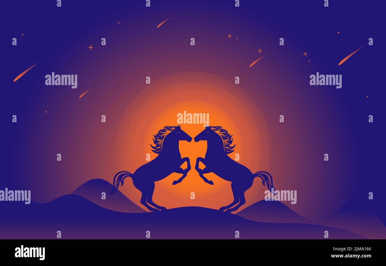 Illustration von zwei Pferden stehen, kämpfen um Kraft, Pferde Liebe machen, auf dem Hintergrund des Kreises von Mond und Bergen Stock Vektor