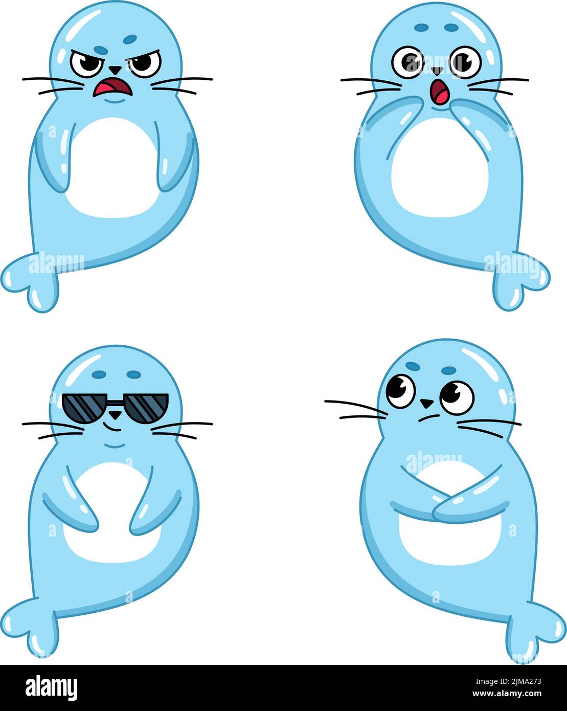 Set von niedlichen handgezeichneten Cartoon-Siegeln, die wütend, überrascht, bezweifelt und Sonnenbrille tragen Stock Vektor