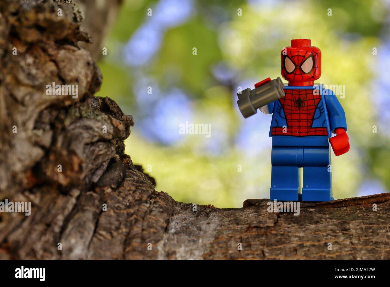 Nahaufnahme der Spider-man-Spielzeugfigur, die in einem Baum steht und ein Fernglas hält Stockfoto