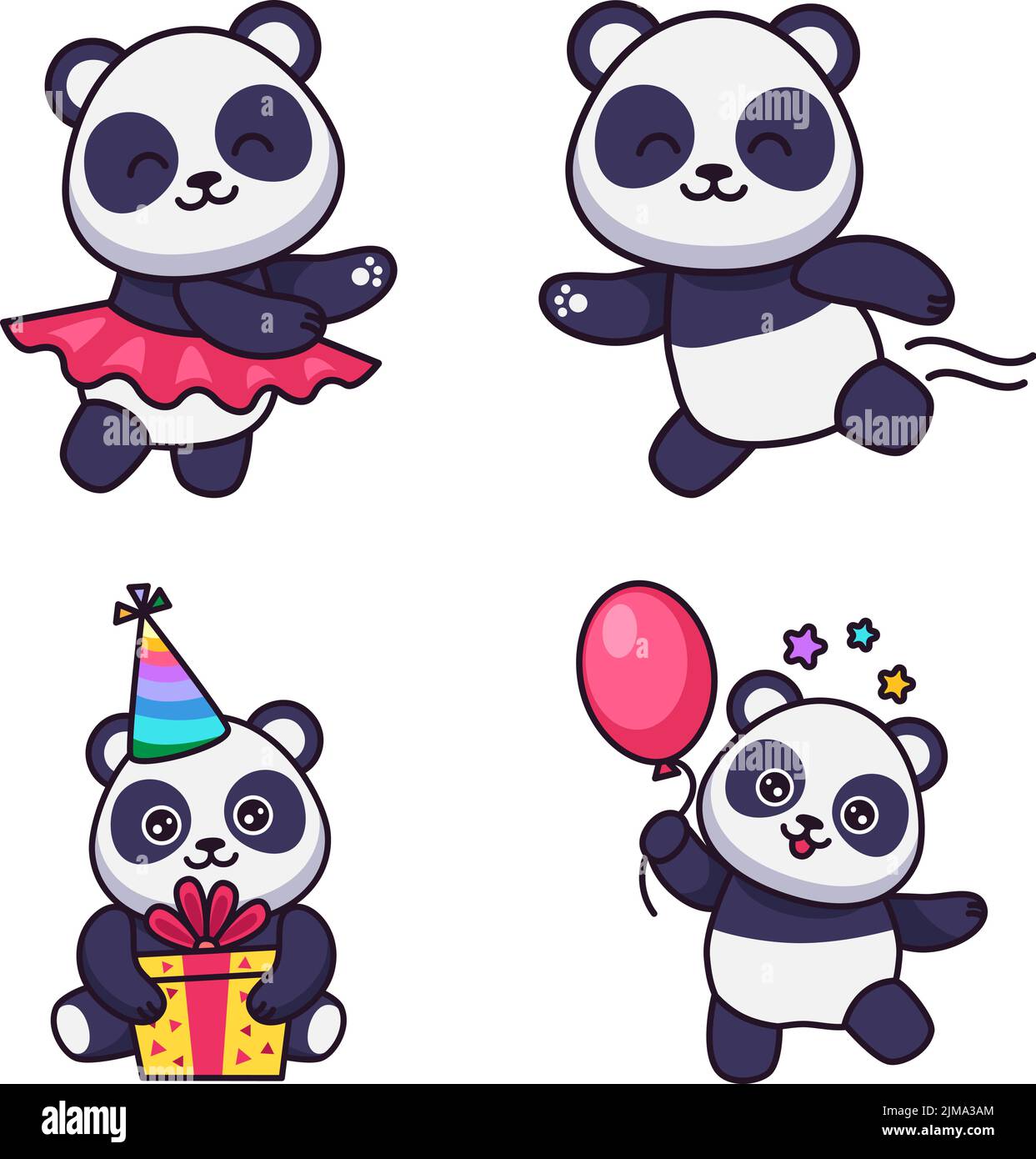 Set von niedlichen handgezeichneten Pandas tanzen, laufen, halten Geschenkbox, stehen mit Ballon Stock Vektor