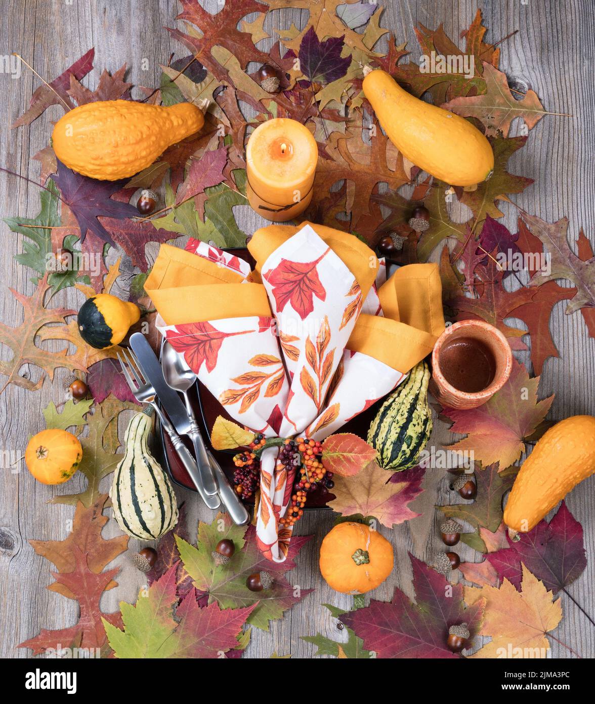 Abendessen im Herbst mit brennender Kerze und echten Kürbisdekorationen und Blättern auf rustikalen Holzbrettern Stockfoto