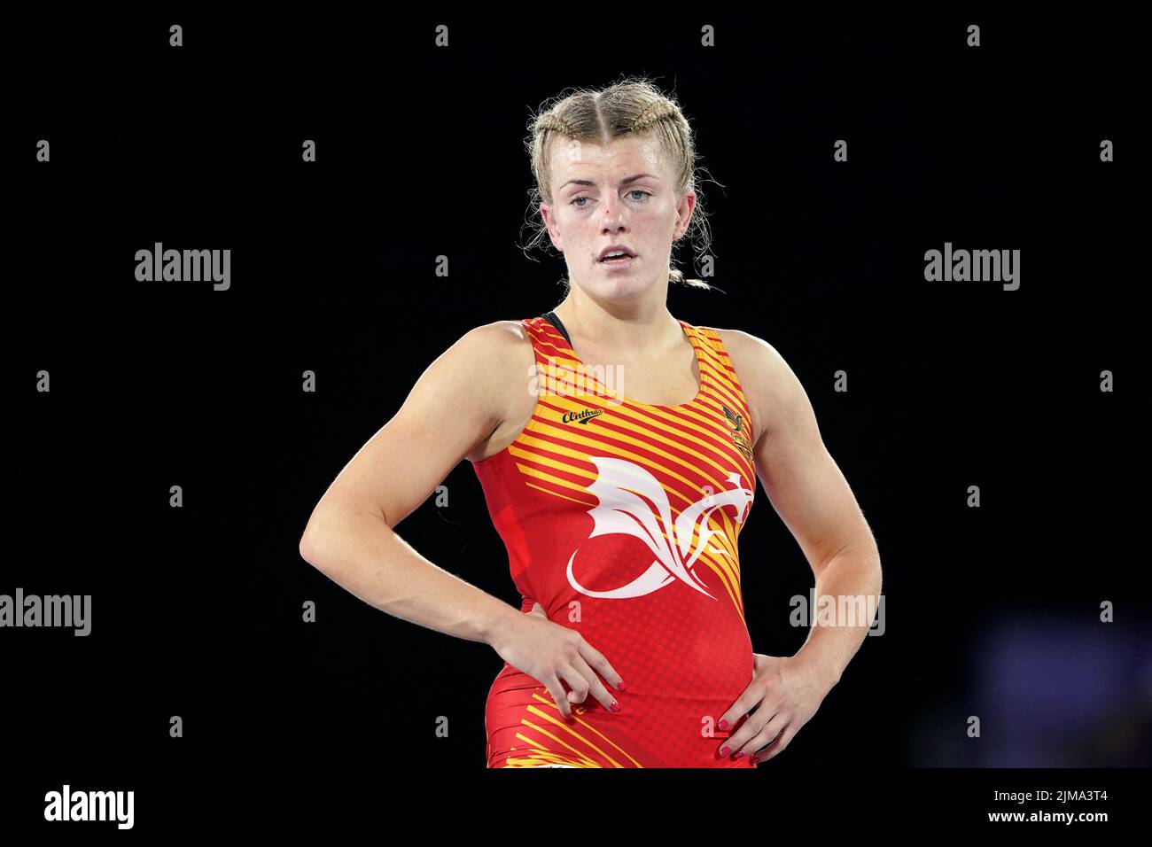 Shannon Harry aus Wales beim Spiel der Frauen im Freestyle Wrestling 57kg in der Coventry Arena am achten Tag der Commonwealth Games 2022. Bilddatum: Freitag, 5. August 2022. Stockfoto