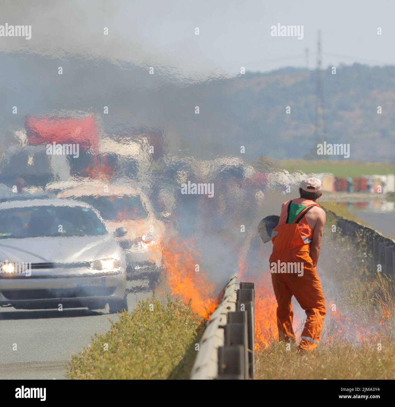 Straßenbrand, Stau Stockfoto
