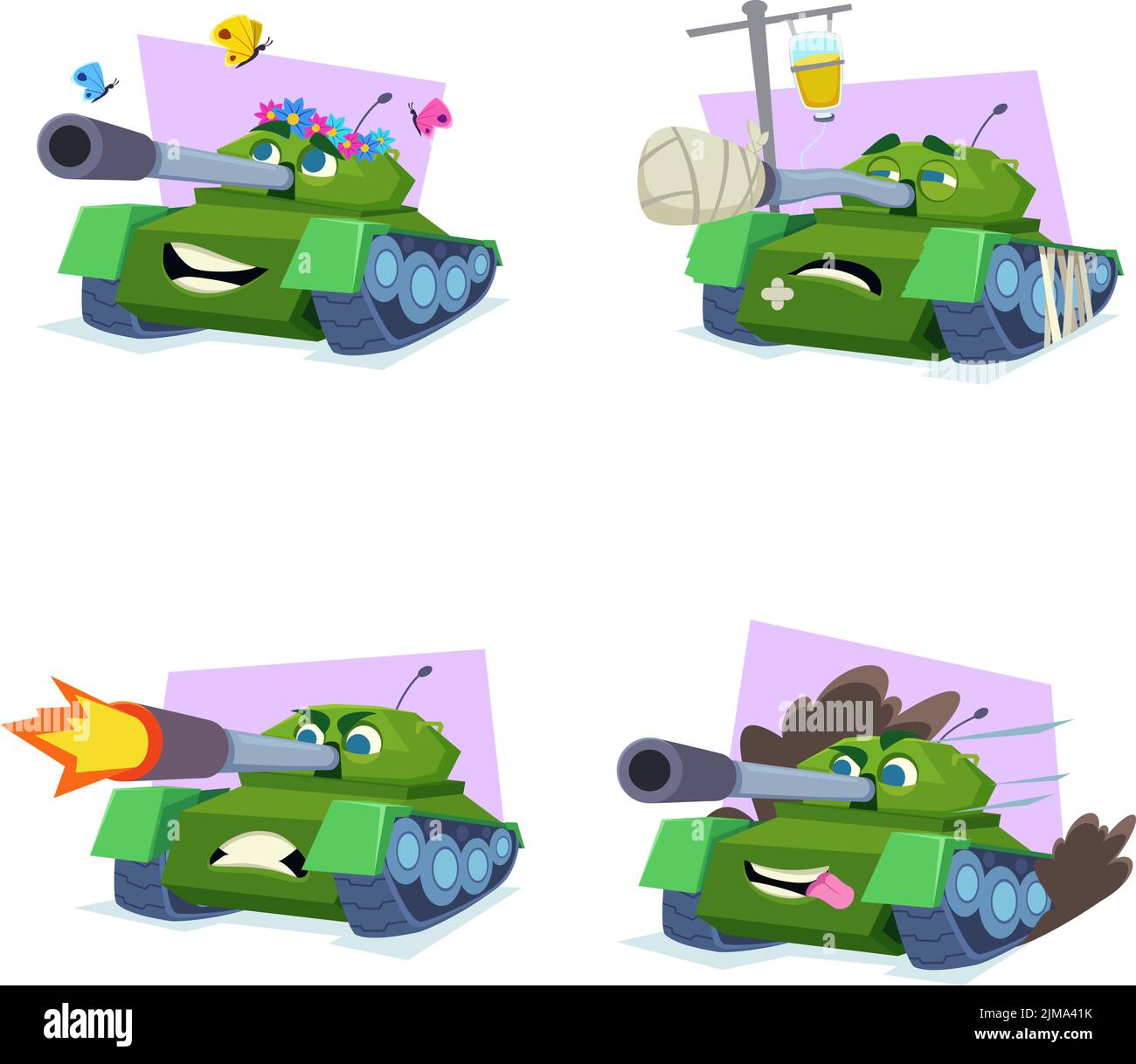 Set von handgezeichneten Cartoon-Panzer mit Blumen und Schmetterlingen, iv Tropfen, Schießen, Laufen Stock Vektor