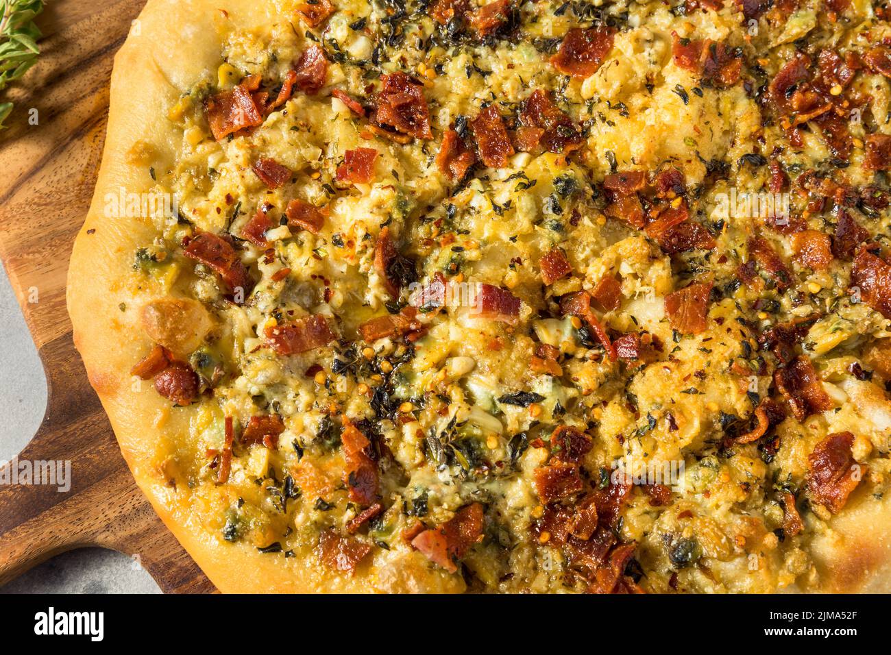 Hausgemachte New Haven Clam White Pizza mit Oregano und Bacon Stockfoto