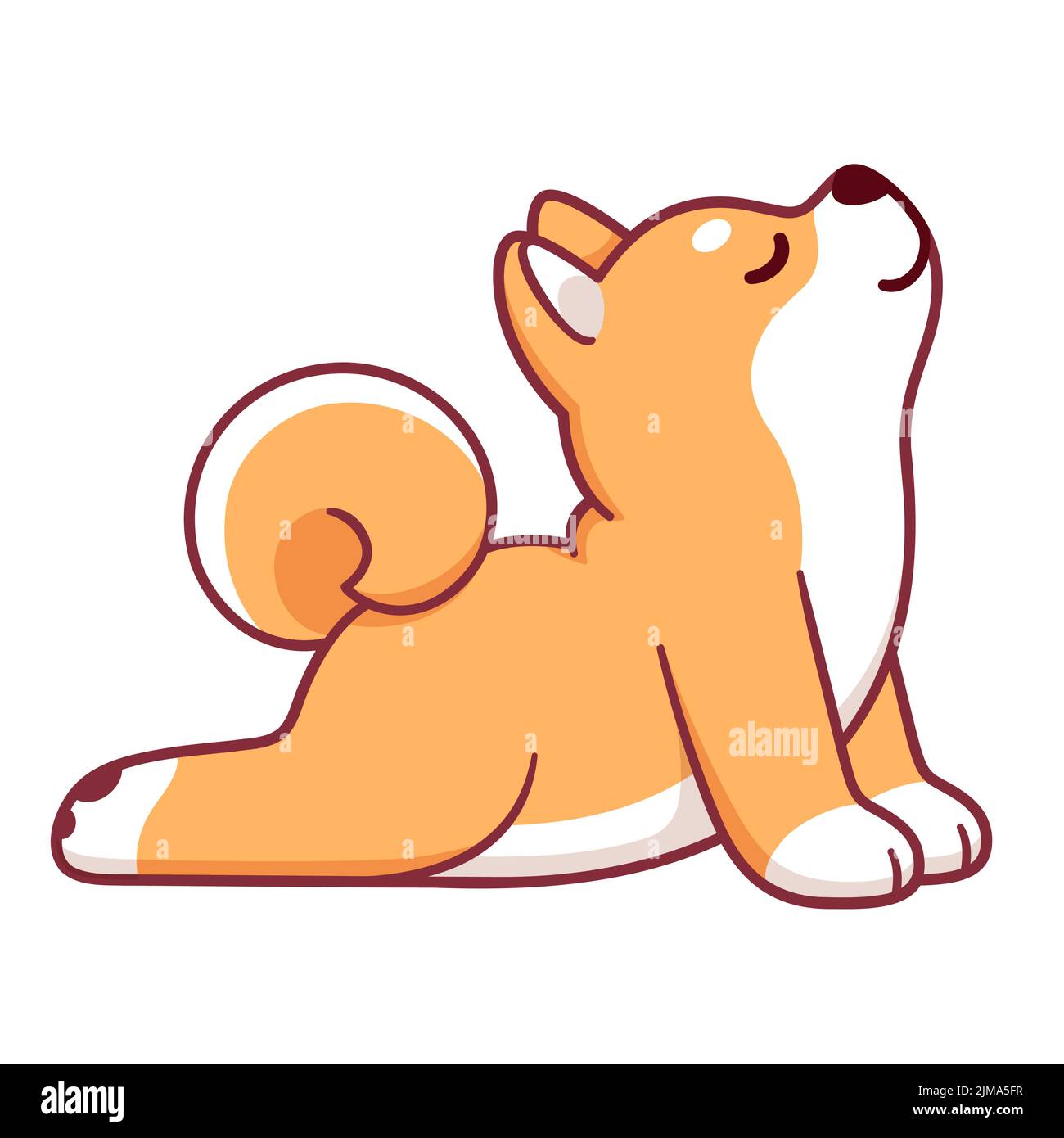 Netter Cartoon Hund, der Yoga macht. Liebenswert Shiba Inu in nach oben schauender Hundehaltung (Urdhva Mukha Shvanasana). Lustige Vektor Clip Art Illustration. Stock Vektor