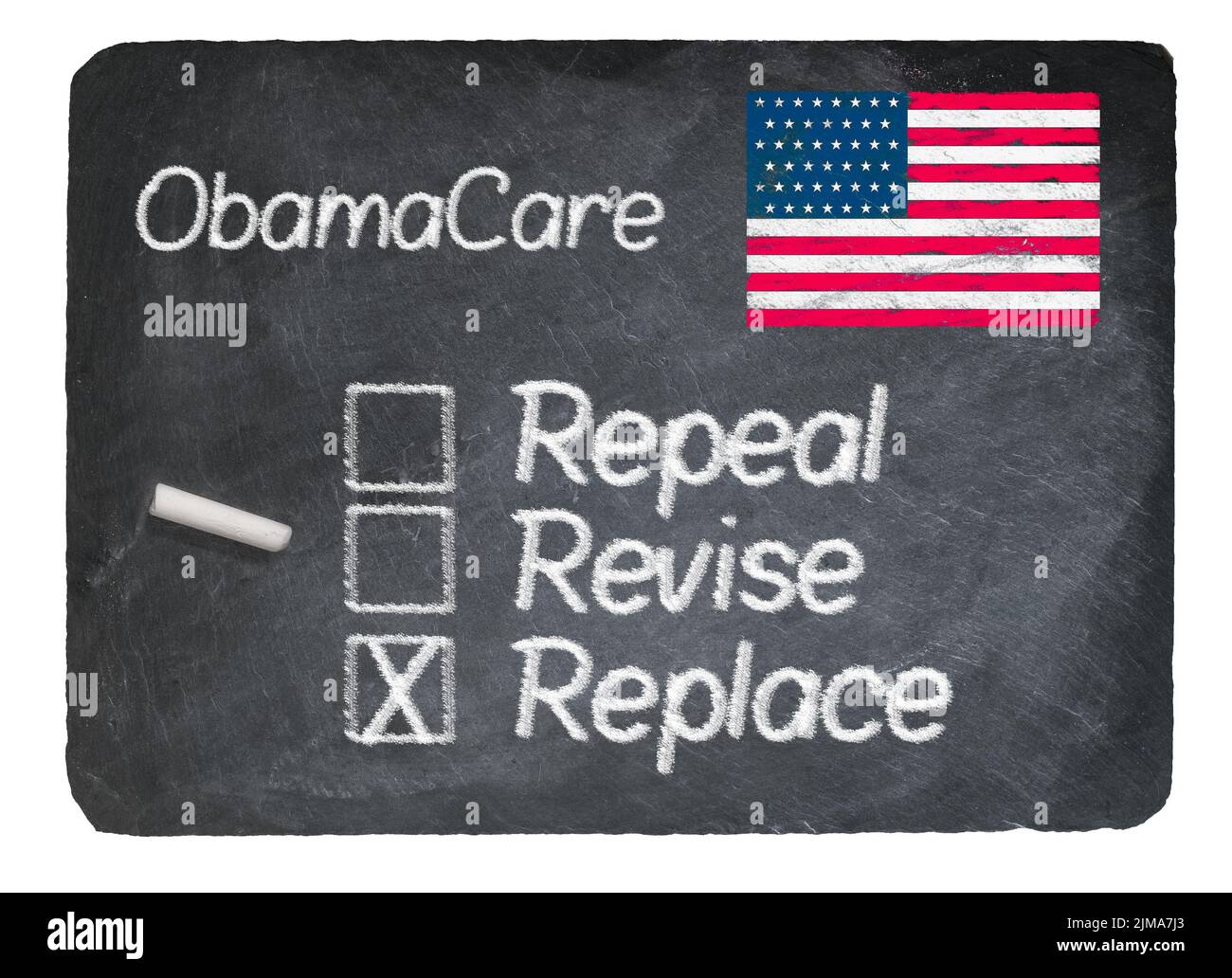 Obamacare Konzept mit Kreide auf Schiefertafel Stockfoto
