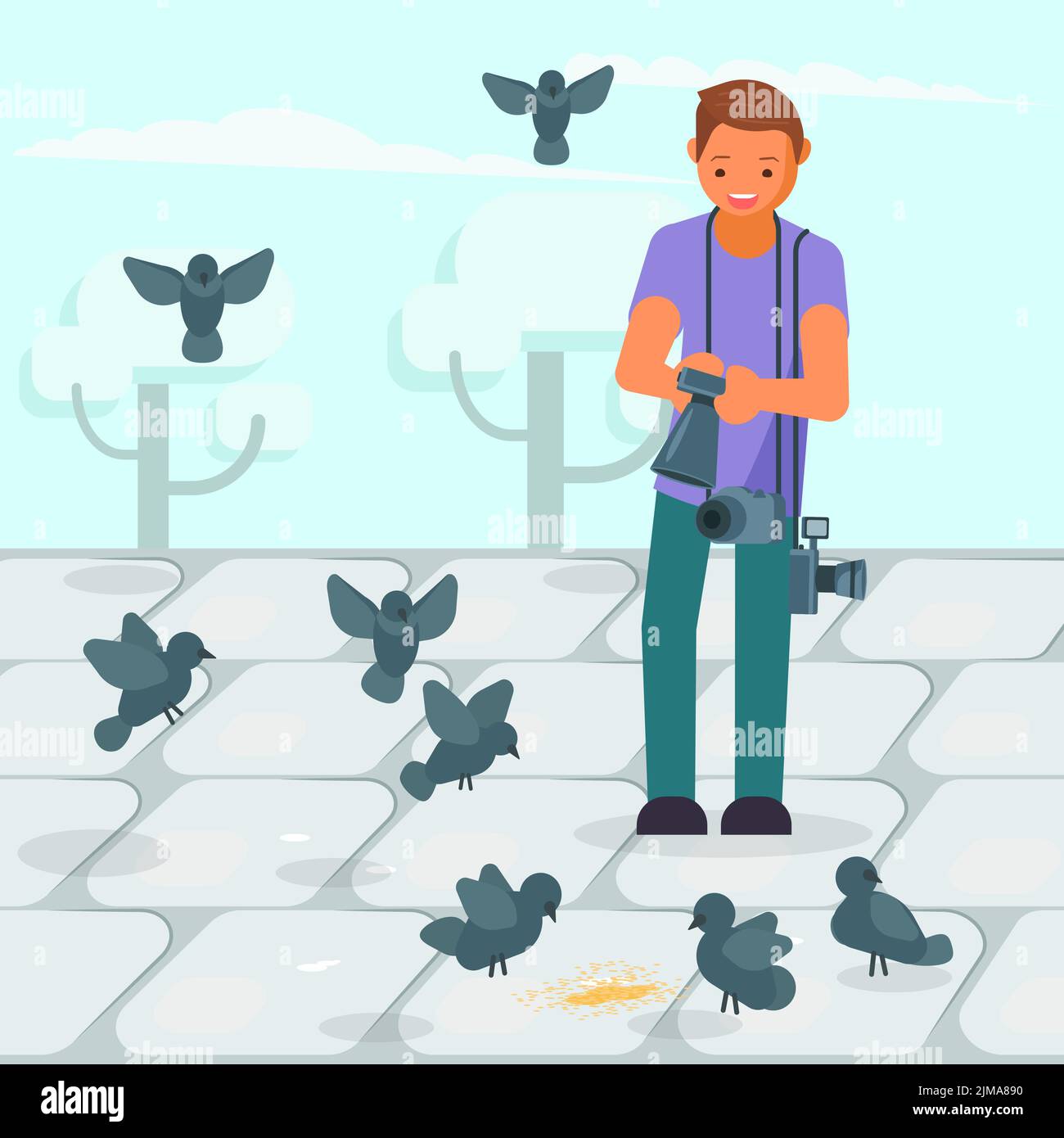 Junger Fotograf, der auf dem Gehsteig auf die Tauben pickt. Vektorgrafik im flachen Stil. Fotografie Hobby Konzept Design ele Stock Vektor