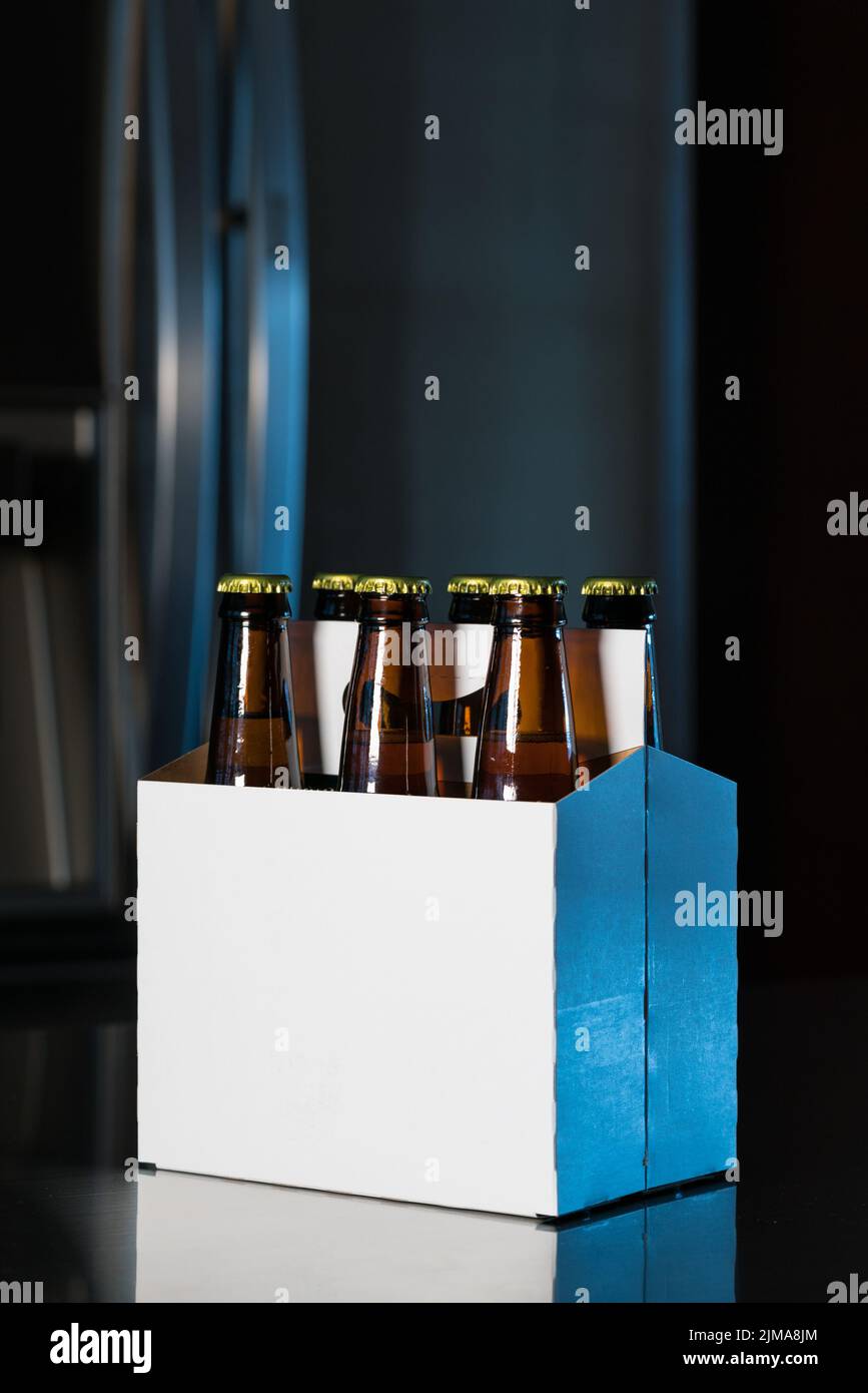 Sechs Flaschen braunes Bier auf der Küchentheke Stockfoto