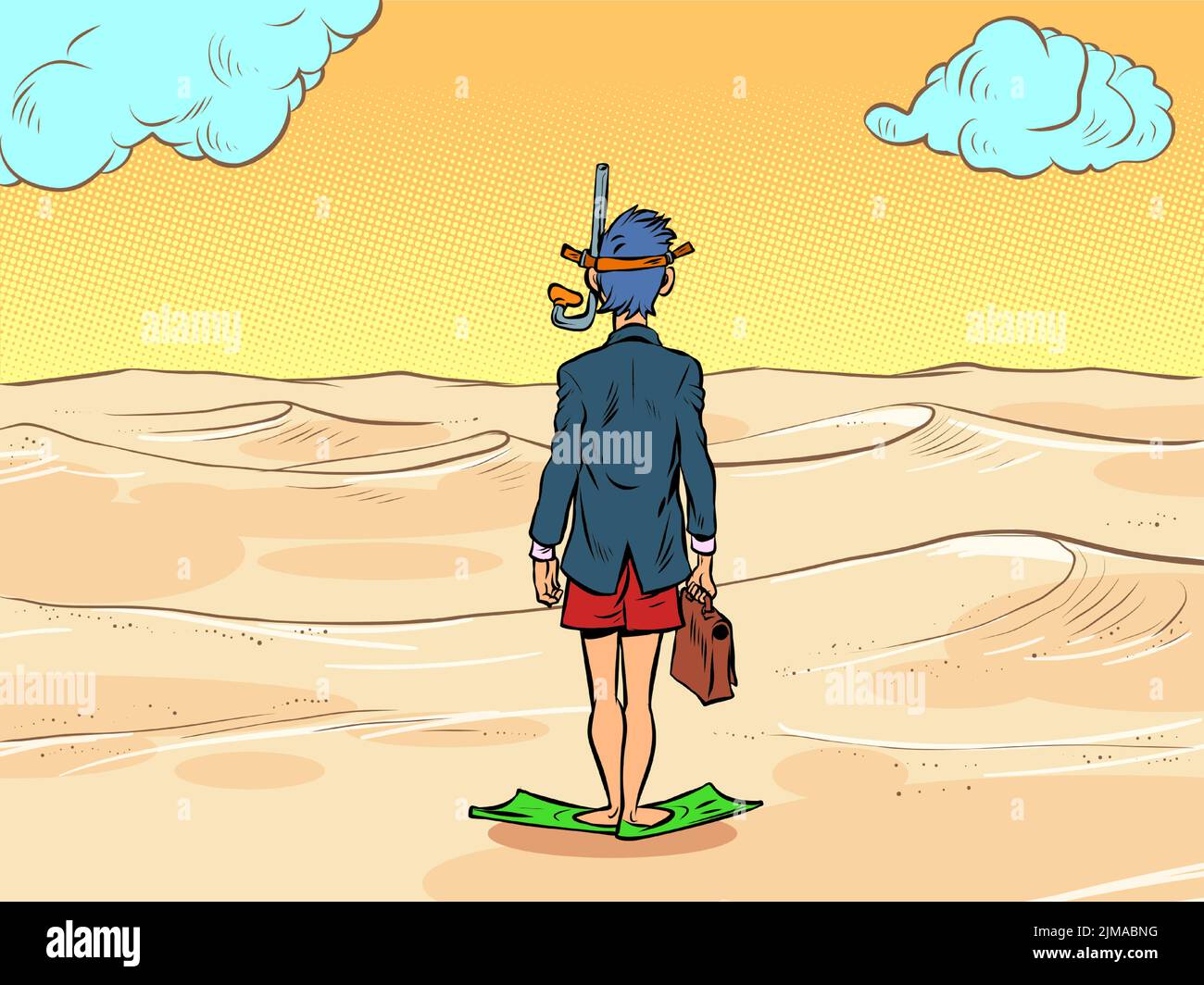 Ein Geschäftsmann in einer Tauchmaske steht vor dem Wüstensand, es gibt kein Wasser. Konzept der globalen Erwärmung Stock Vektor