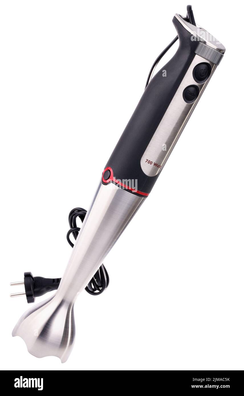 Elektrischer Handmixer mit zwei isolierten Tasten auf weißem Hintergrund Stockfoto