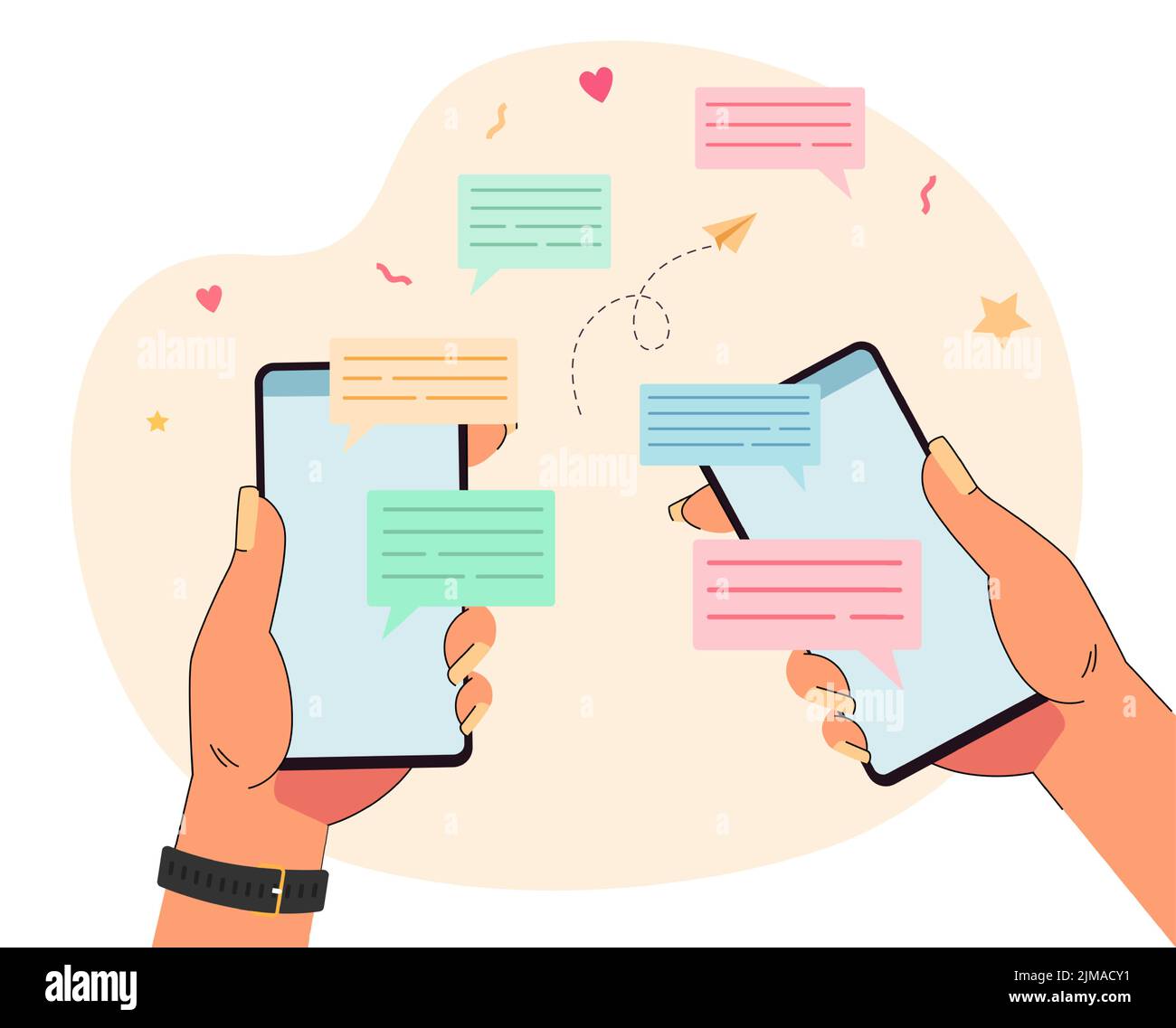 Zwei Hände halten Telefone mit Nachrichten in Sprechblasen. Menschen chatten über mobile App flache Vektor-Illustration. Kommunikation, Netzwerk, Social Media Stock Vektor