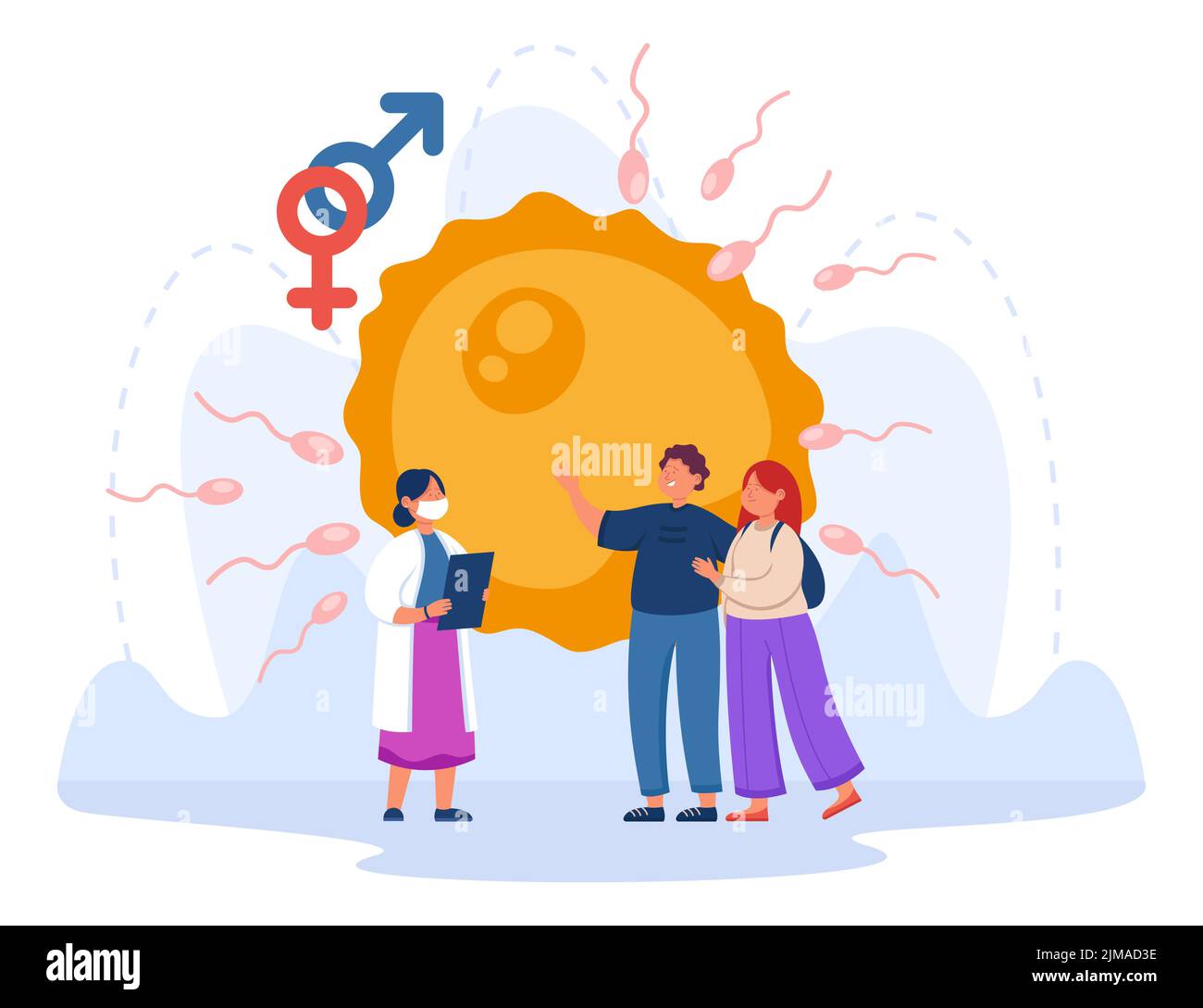 Junges Paar zu Besuch Gynäkologe flache Vektor-Illustration. Mann und Frau planen Familie und Schwangerschaften und kümmern sich um die Gesundheit. Embryo in Rückengruppe Stock Vektor