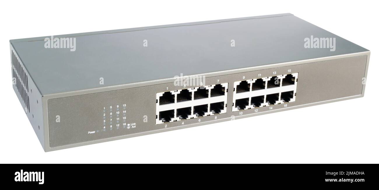 Isometrische Ansicht des Netzwerk-Switches auf weißem Hintergrund isoliert Stockfoto
