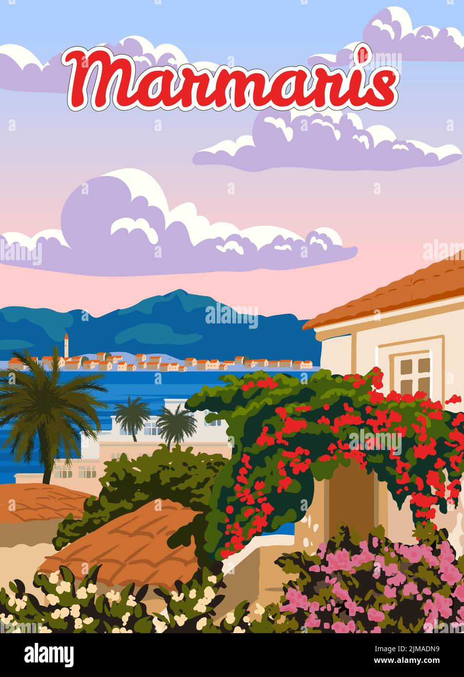 Marmaris Wahrzeichen, Türkei Resort, Retro Poster, Horizont, Skyline. Vintage touristische Reise Postkarte, Plakat, Vektor Stock Vektor