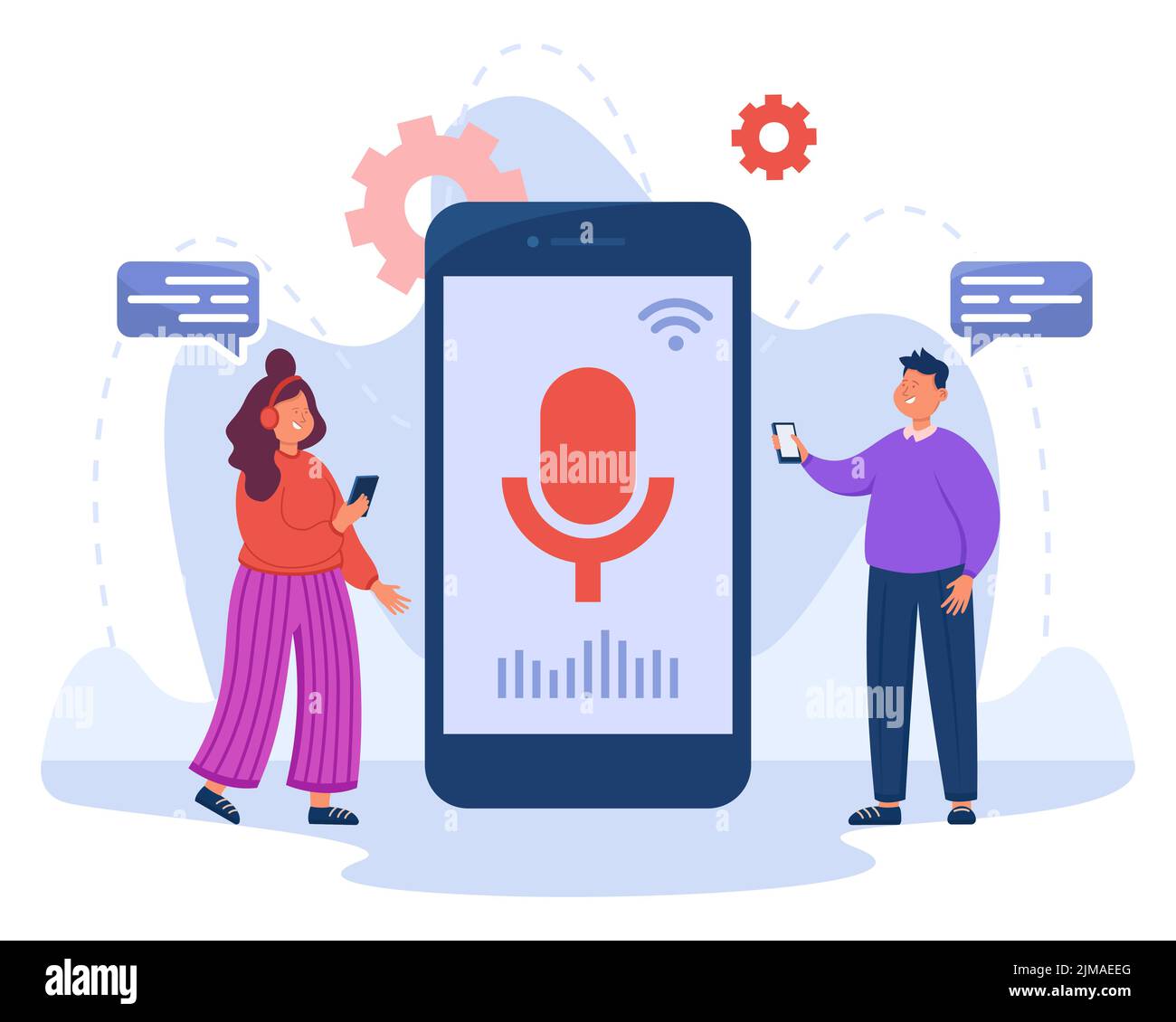 Kleine Leute in der Nähe des Telefons mit Sprachassistent auf dem Bildschirm. Mann und Frau verwenden KI, sprechen in Lautsprecher, Sprachnachrichten auf digitalen Geräten aufzeichnen flach Stock Vektor