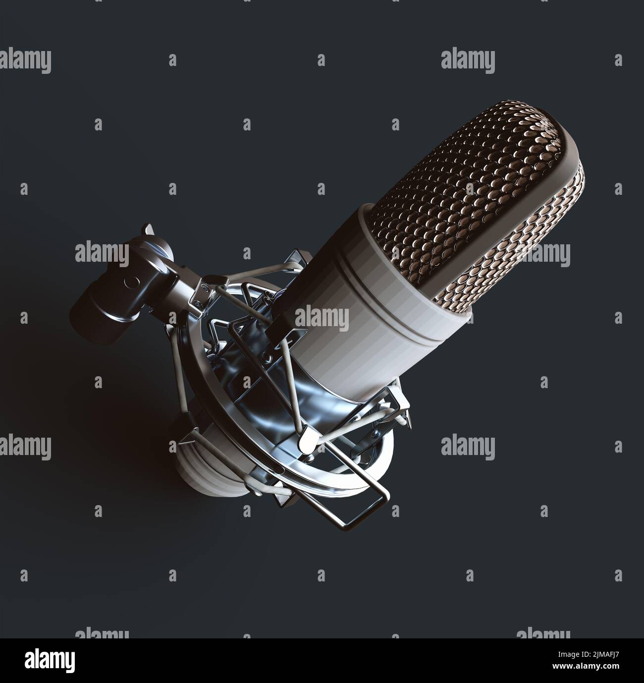 Studio Microphone 3D Rendern auf einem dunkelgrauen Hintergrund Stockfoto
