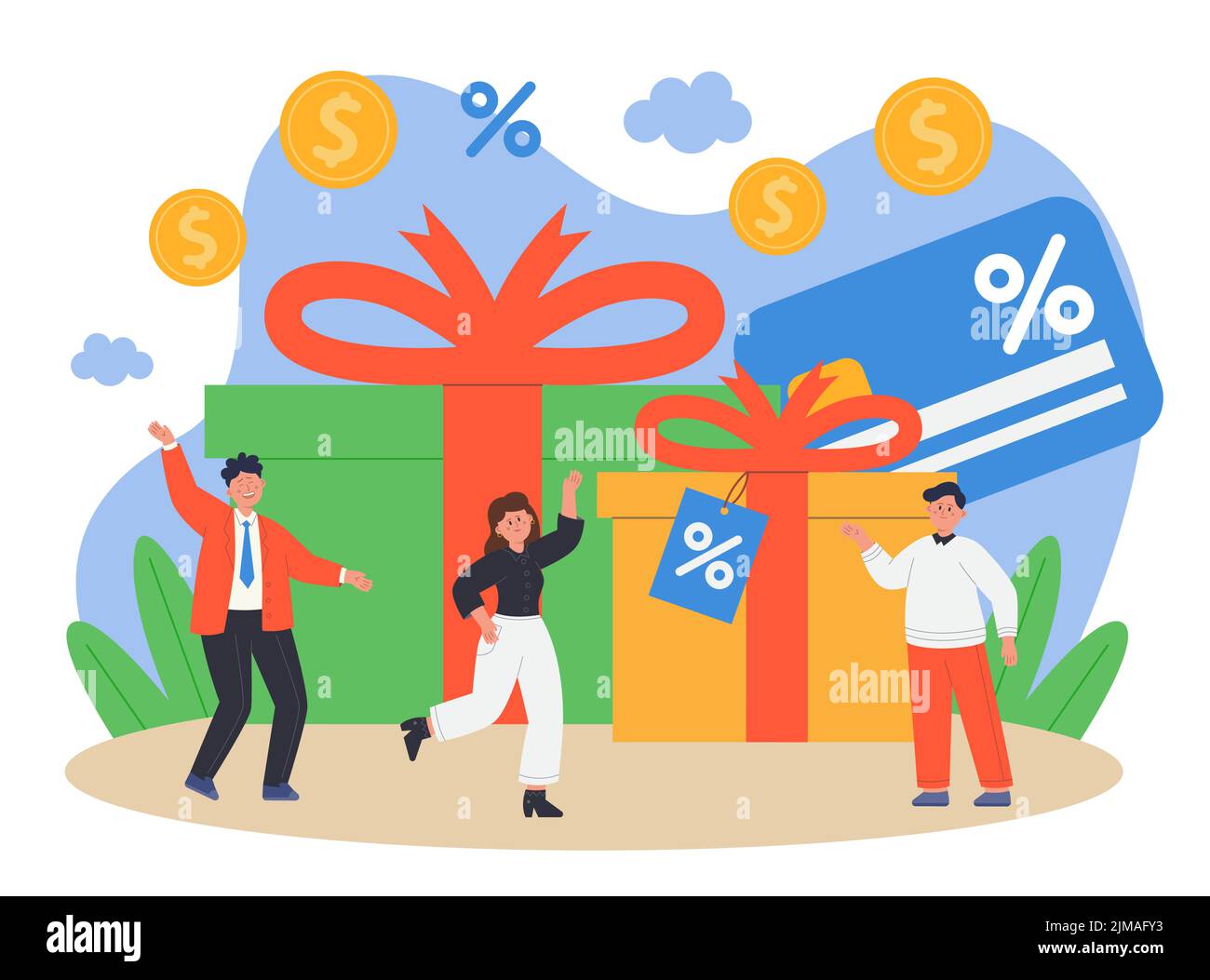 Kleine Menschen im Hintergrund der Geschenk-Boxen flache Vektor-Illustration. Stammkunden oder Kunden erhalten Boni auf Einkäufe, erhalten Rabatte und SP Stock Vektor