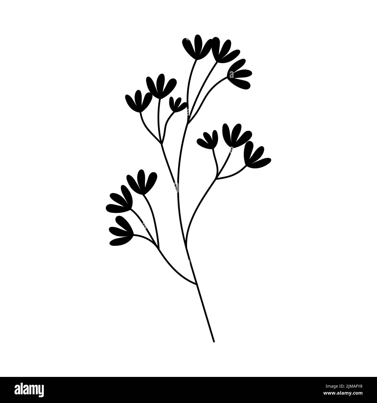 Illustration einer Blume, Silhouette eines Zweiges mit Blumen und Blättern. Vektorgrafik. Blumendruck Stock Vektor