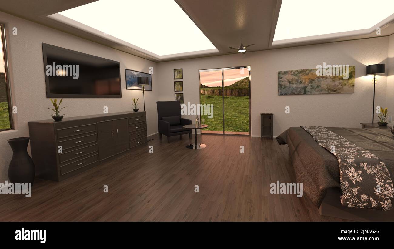 3D-Illustration eines leeren Hotelzimmers aus dem Urlaub Stockfoto
