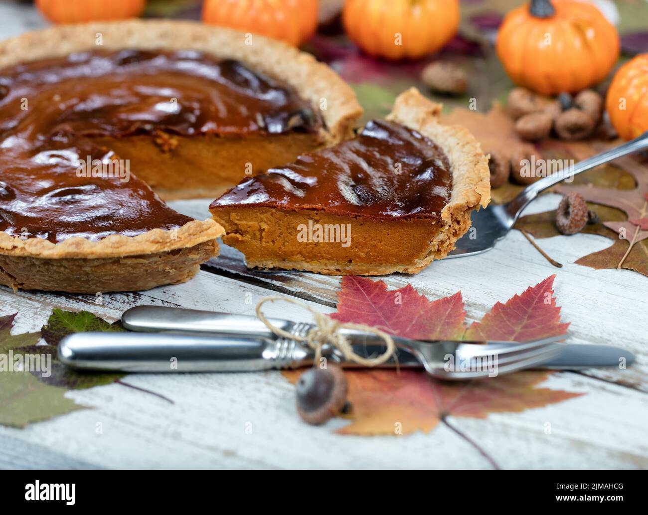 Nahaufnahme von frisch gebackenen Kürbiskuchen für die Herbstferien Stockfoto