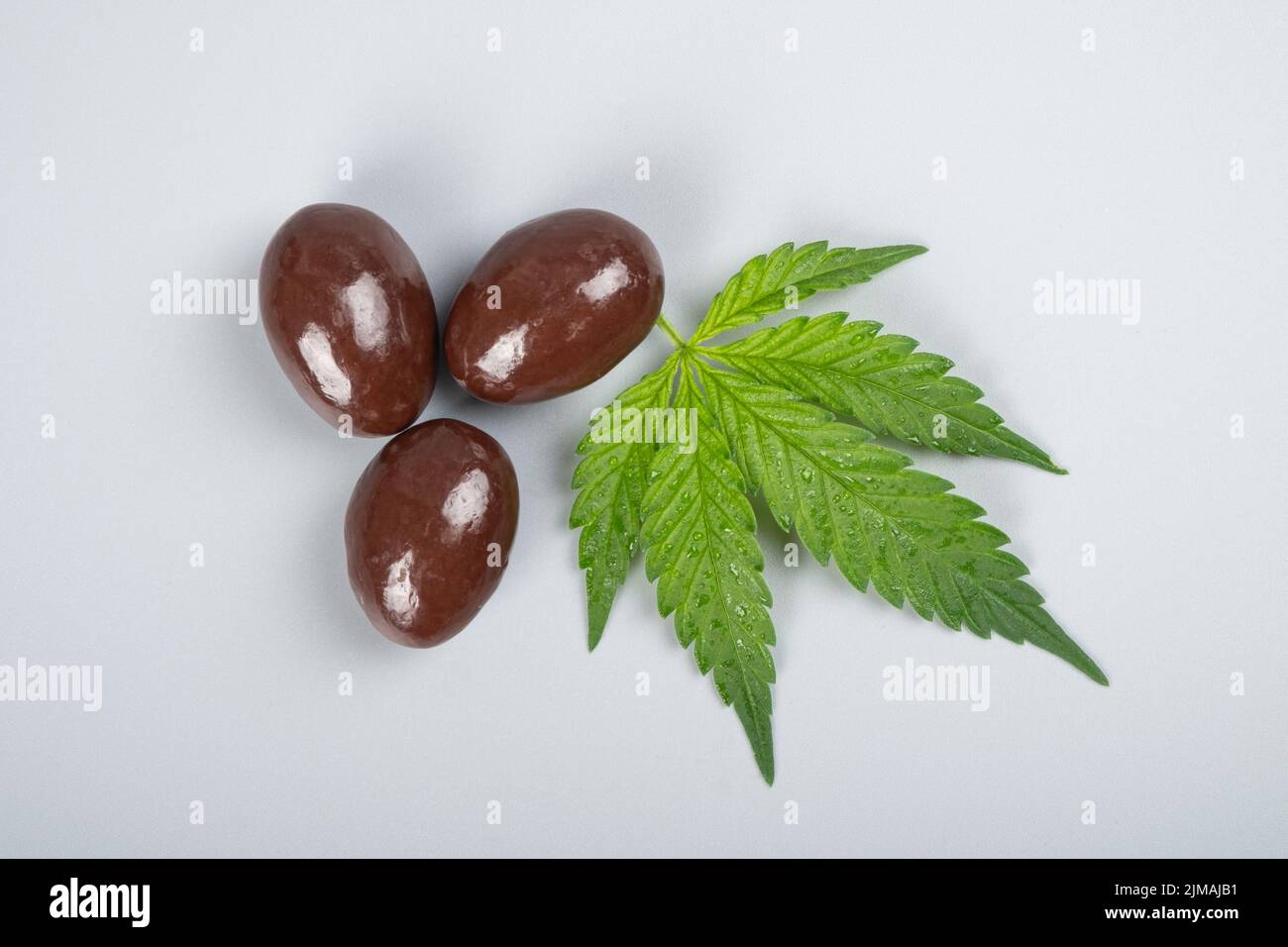 Schokoladenbonbons mit thc, Cannabis-Süßwaren für Freizeitangebote. Stockfoto