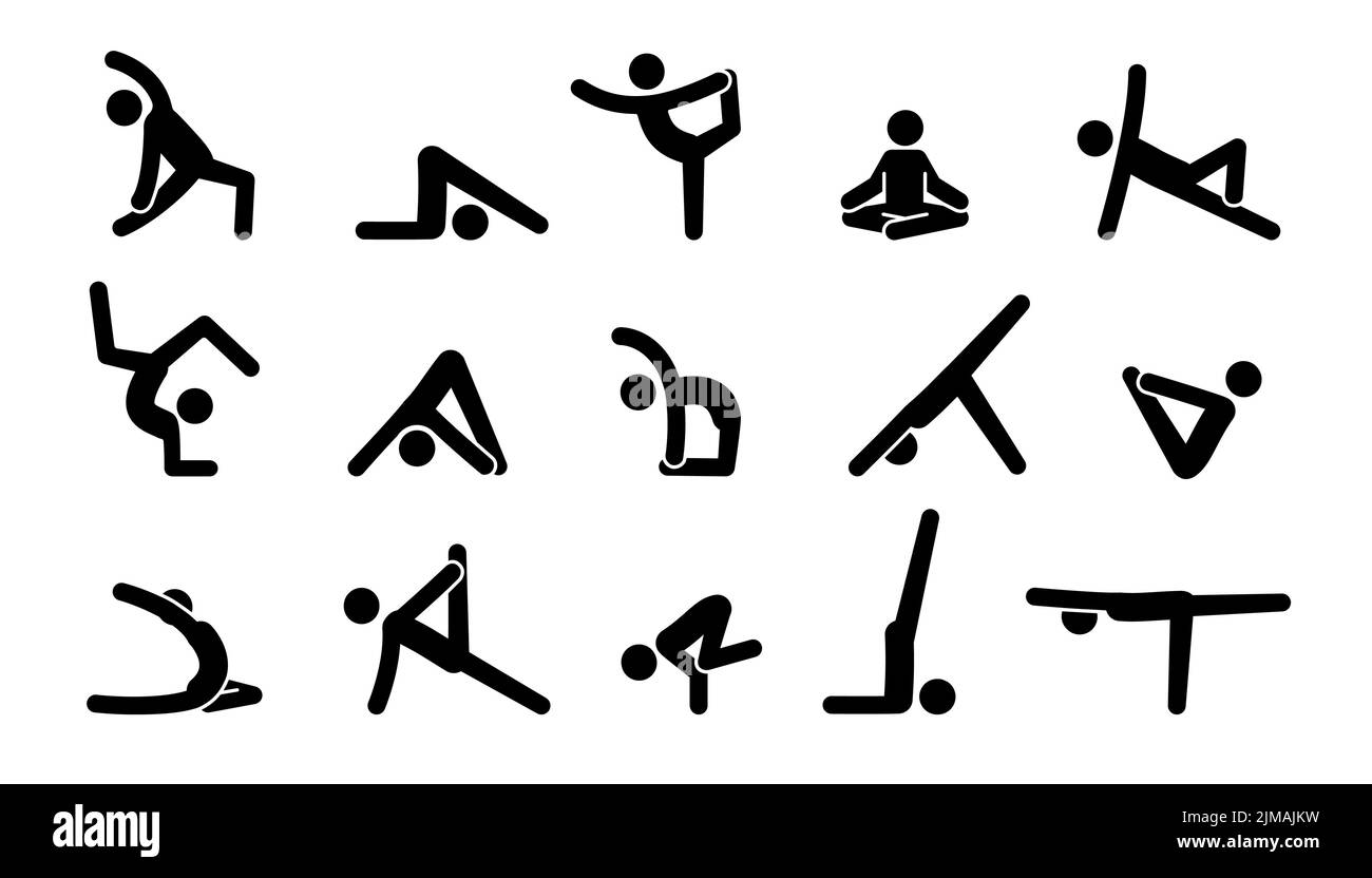 Yoga Piktogramm Ikone Menschen. Yoga Pose, meditieren Praxis, Sport Übung Piktogramm Mann gesetzt. Gesundheit, Meditieren Symbol. Vektorgrafik. Stock Vektor