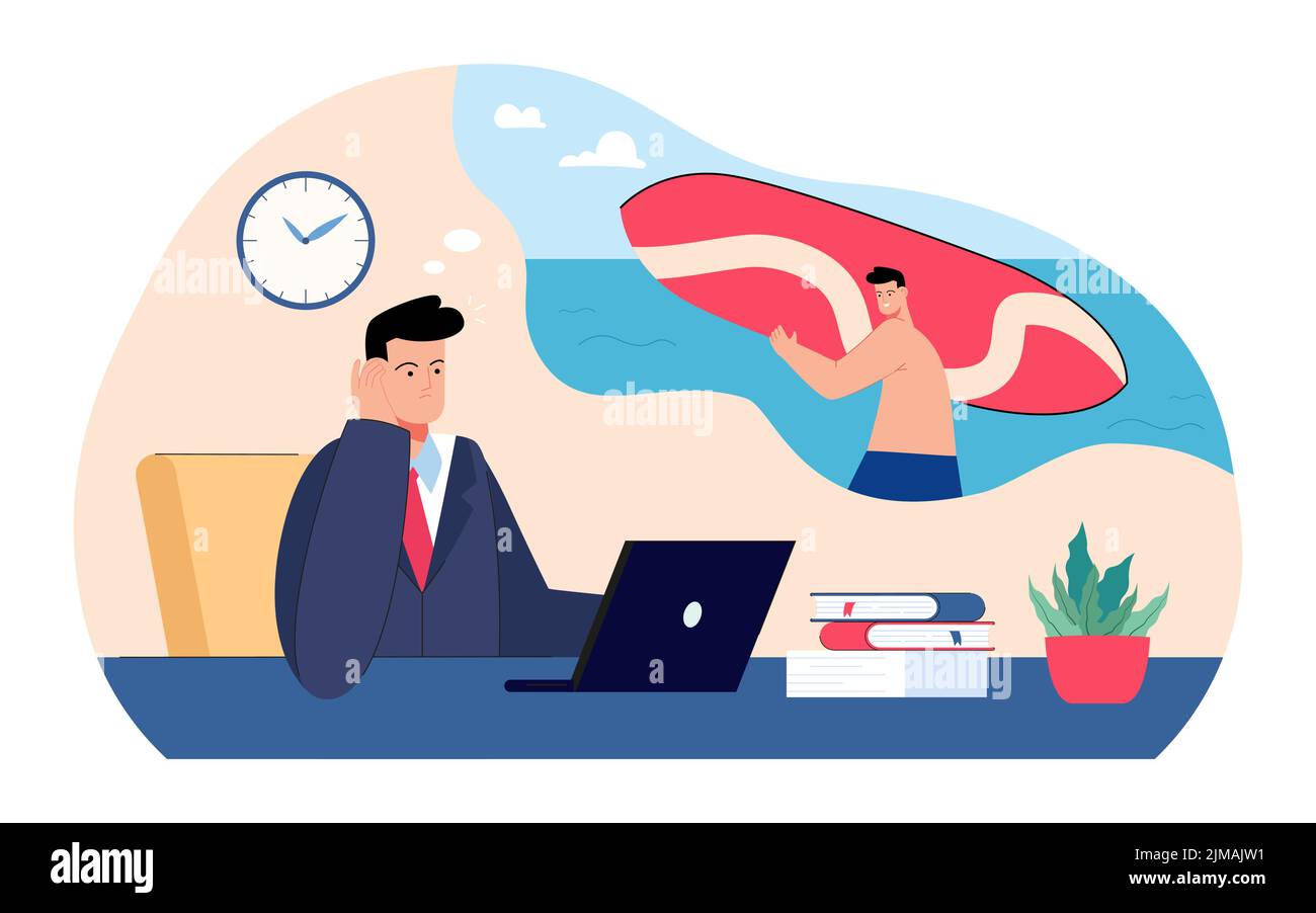 Müde Geschäftsmann bei der Arbeit träumen von Urlaub. Geschäftsmann, der am Laptop arbeitet, Mann im Traum, der sich am Strand entspannt, Vektor-Illustration. Urlaub, s Stock Vektor