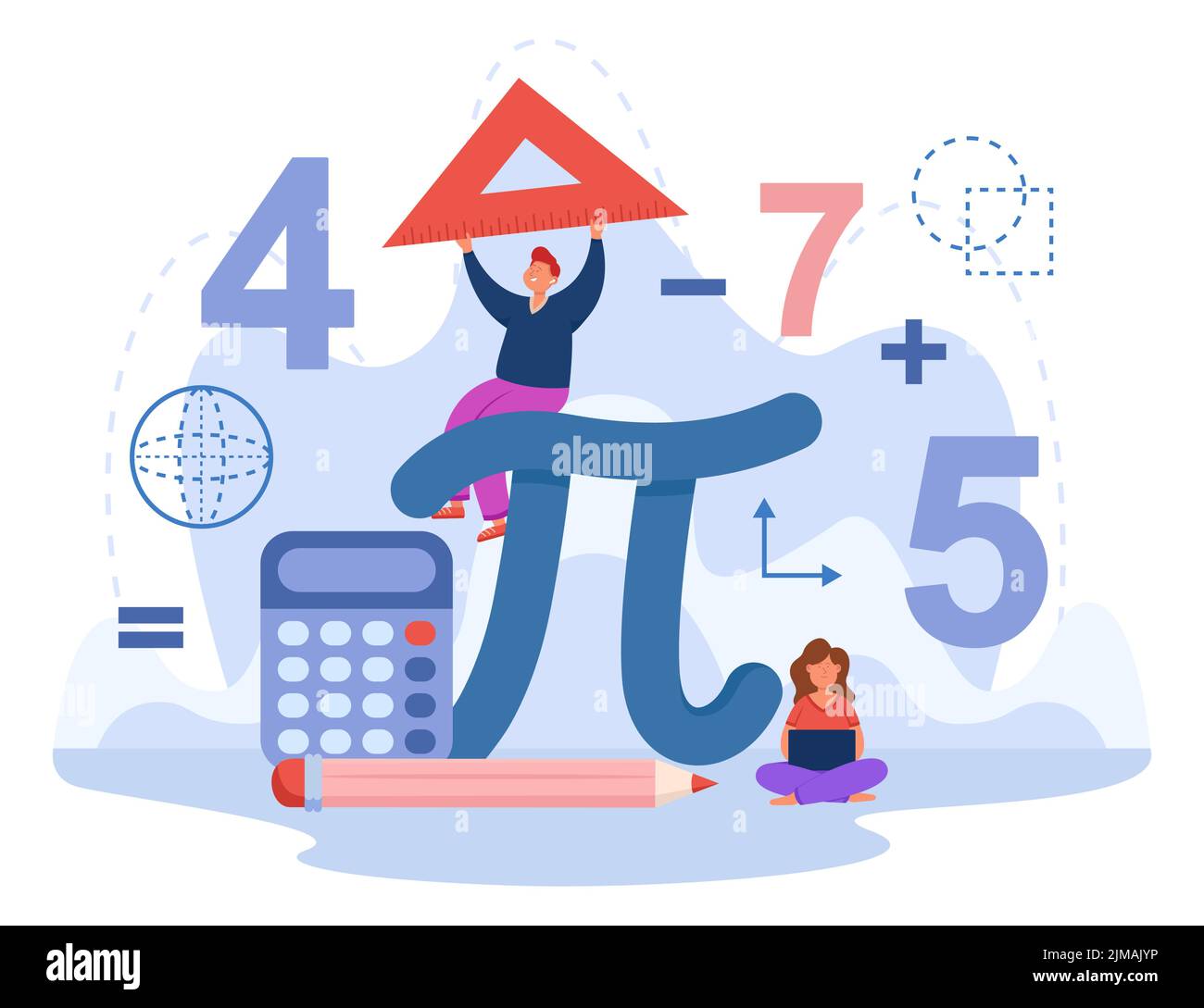 Kleine Studenten mit riesigen Zeichen pi flache Vektor-Illustration. Junge und Mädchen, die Mathematik und Algebra in der Schule oder Hochschule studieren, Lineal halten und mit einem Laptop arbeiten. Ge Stock Vektor