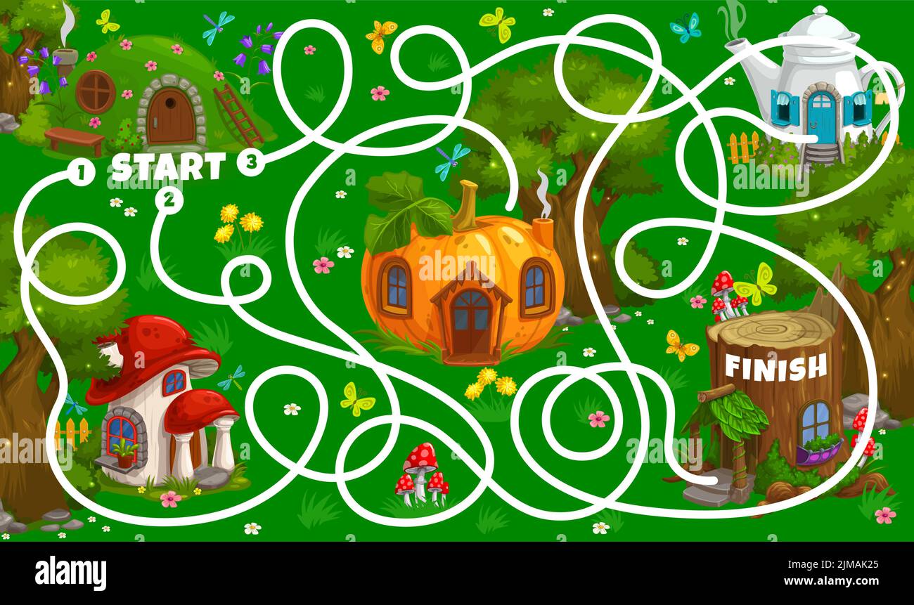Labyrinth Labyrinth-Spiel Arbeitsblatt, Cartoon-Märchen Häuser und