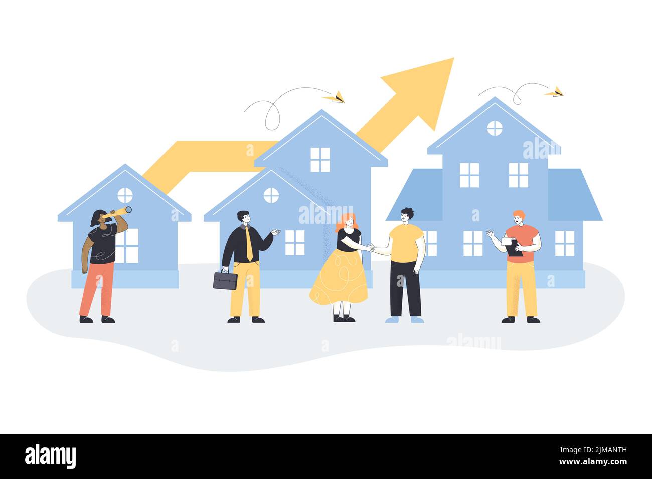 Kleine Immobilienmakler mit Kunden in der Nähe von Häusern. Linie wächst nach oben hinter Häusern, steigende Preise für Gebäude und Konstruktionen flachen Vektor illus Stock Vektor