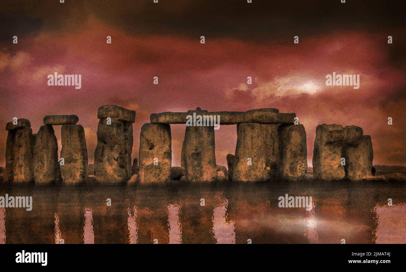 Stonehenge Landschaft ein surreales Kunstwerk aus einer Fotografie, digitales Flutwasser und Reflexionen launische Farben und Texturen Fantasie Dunkelheit und Licht Stockfoto