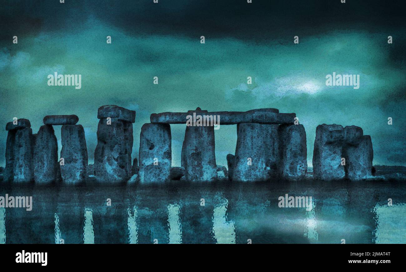 Stonehenge Landschaft ein surreales Kunstwerk aus einer Fotografie, digitales Flutwasser und Reflexionen launische Farben und Texturen Fantasie Dunkelheit und Licht Stockfoto