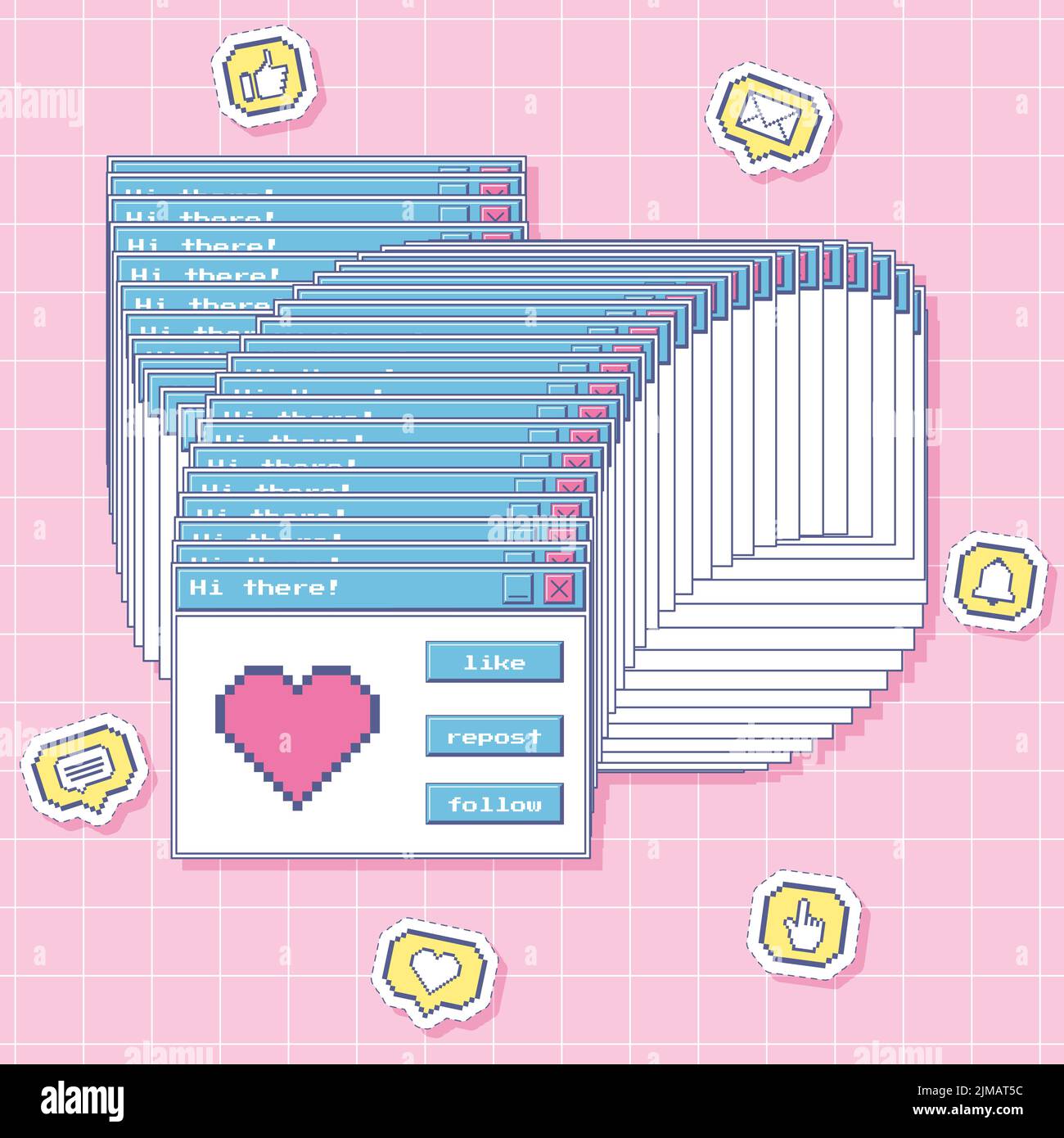 Eingefrorenes Fenster mit Pixel Art Heart und retro-Tasten für die Benutzeroberfläche. Pixel-Icons Aufkleber - Kommentar, wie, Herz, Glocke, message.nostalgische Y2K ästheti Stock Vektor