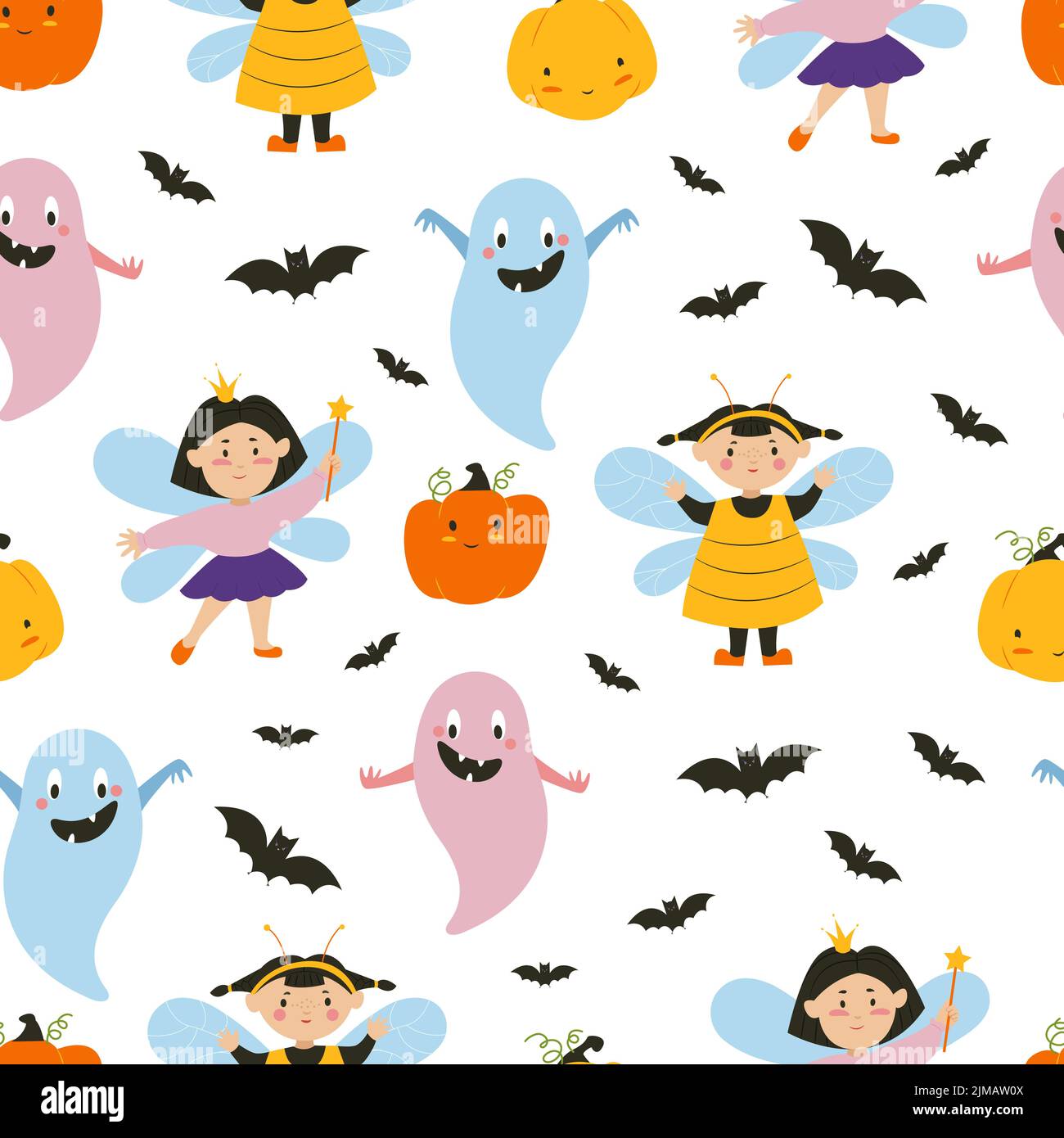 Halloween Geister. Kinder in Halloween Kostümen, Kürbisse und Fledermäuse. Flache Abbildung. Nahtloses Vektormuster Stock Vektor
