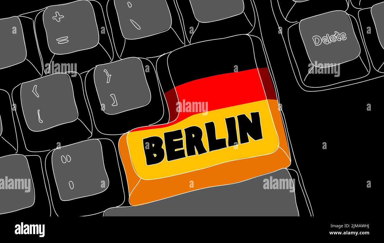 Computertastatur mit Berliner Text. Nahaufnahme eines elektronischen Computergeräteteils, einer Tastatur. Stock Vektor