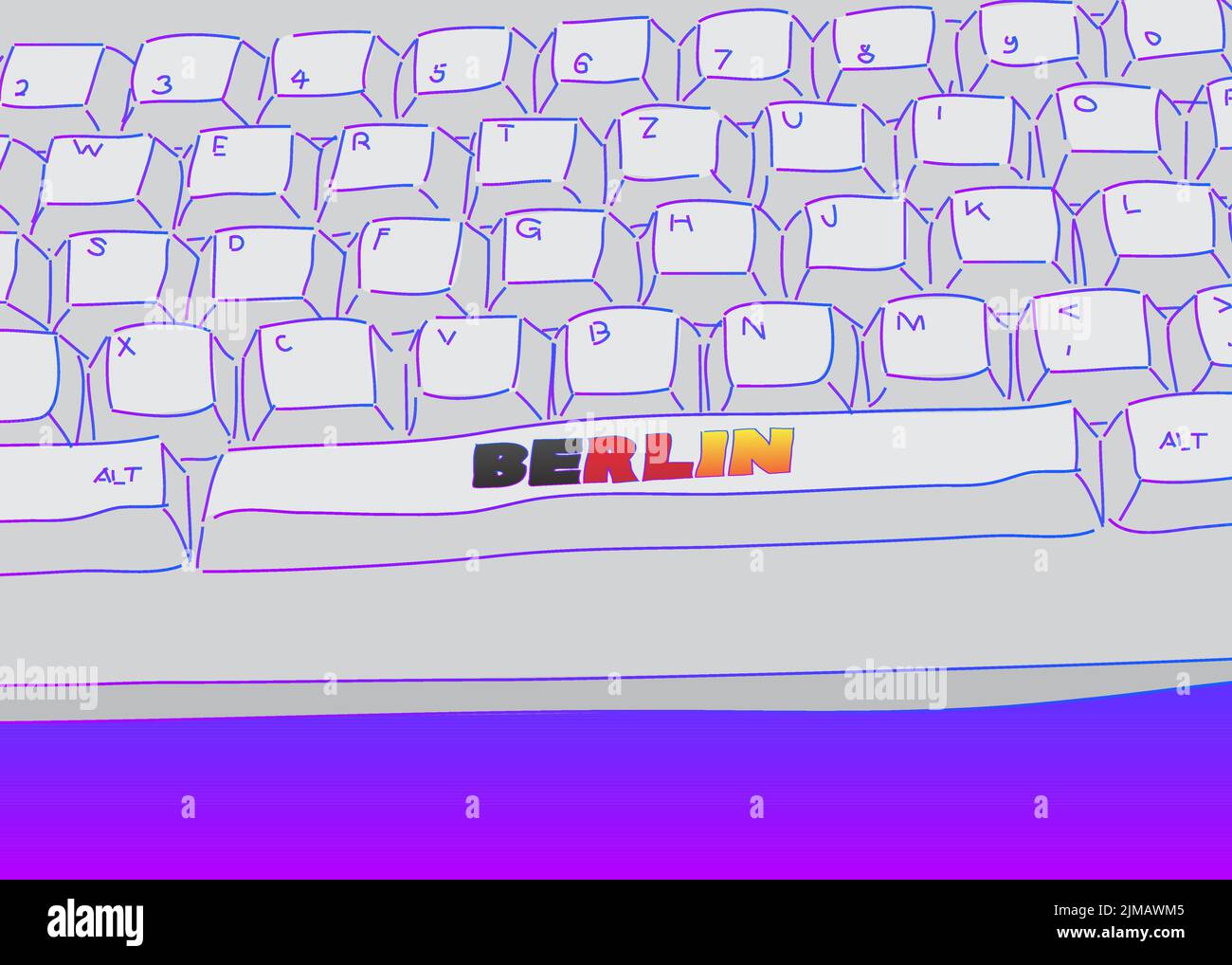 Computertastatur mit Berliner Text. Nahaufnahme eines elektronischen Computergeräteteils, einer Tastatur. Stock Vektor