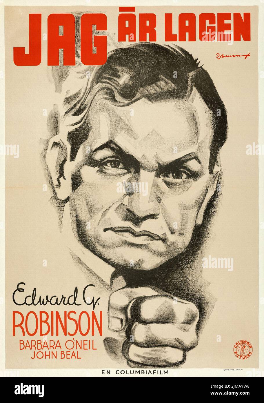 Jag är lagen - James Cagney - I am the Law (Columbia, 1939). Schwedisches Filmplakat. Eric Rohman-Kunstwerk. Edward G. Robinson. Stockfoto