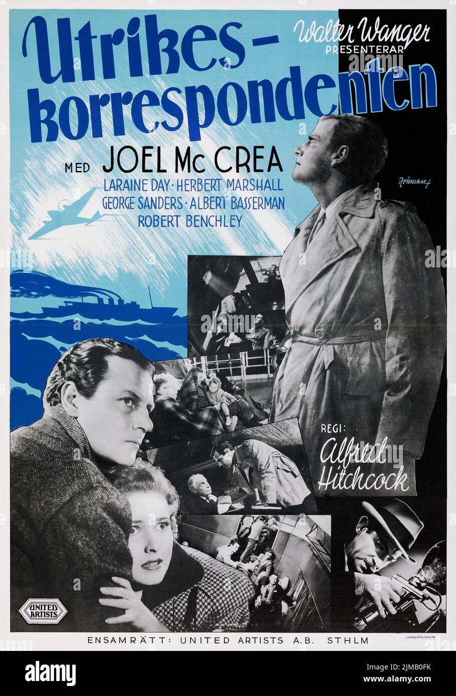 Utrikeskorrespondenten - Auslandskorrespondent (United Artists, 1941). Schwedisches Filmplakat. Eric Rohman-Kunstwerk Stockfoto