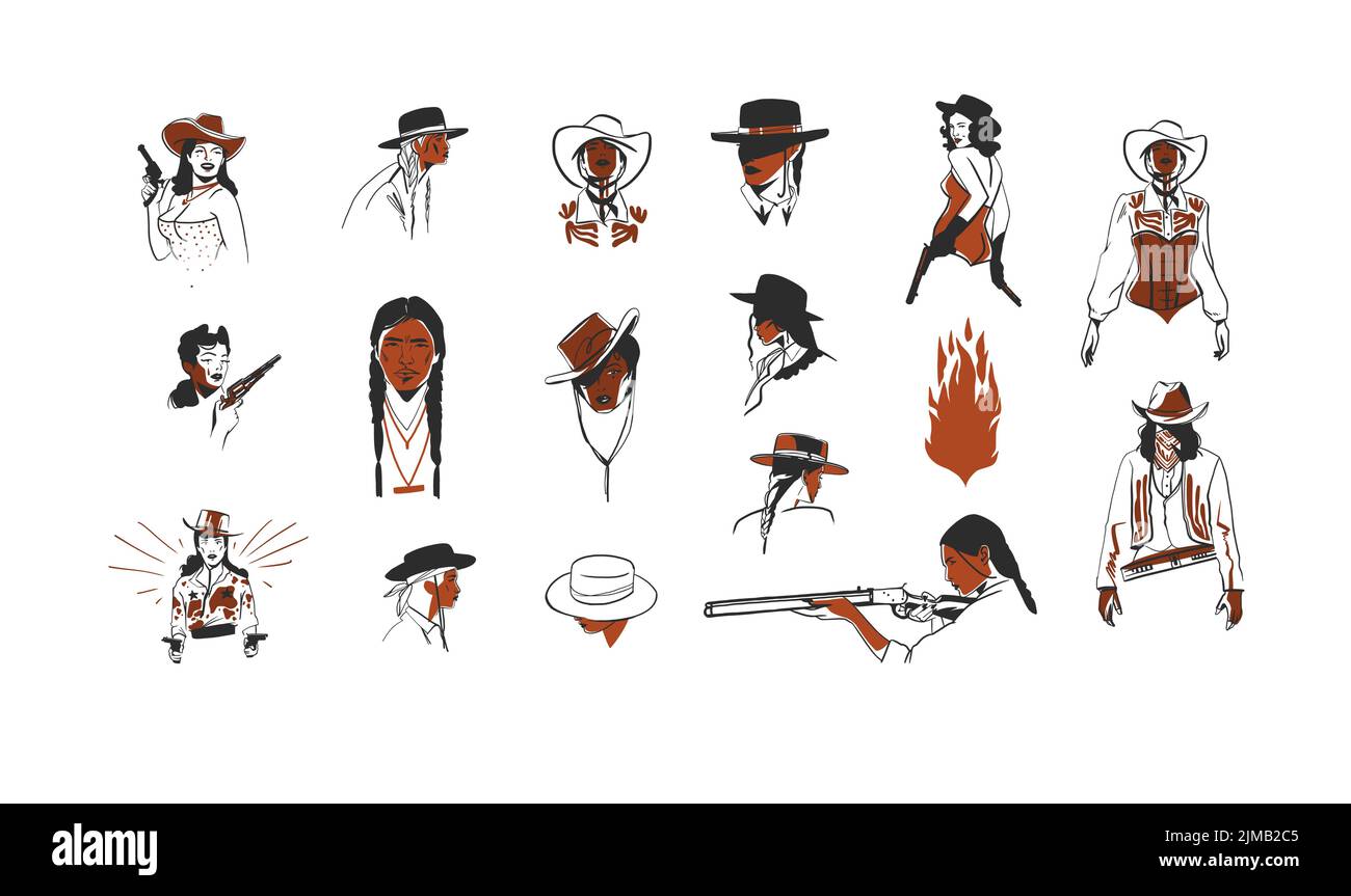 Handgezeichnete abstrakte Vektor Grafik Cliparts Illustrationen boho Cowgirls und Cowboys in Hüten Porträts Bundle.Western Design Concept.Bohemian wilden Westen Stock Vektor