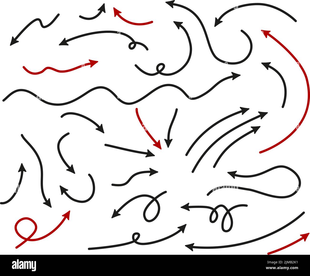 Große Set Pfeile und Richtungen Zeichen. Dünne Linie mit Pfeil. doodle-Stil. Vektor schwarze und rote Pfeile, isoliert auf weißem Hintergrund. Stock Vektor