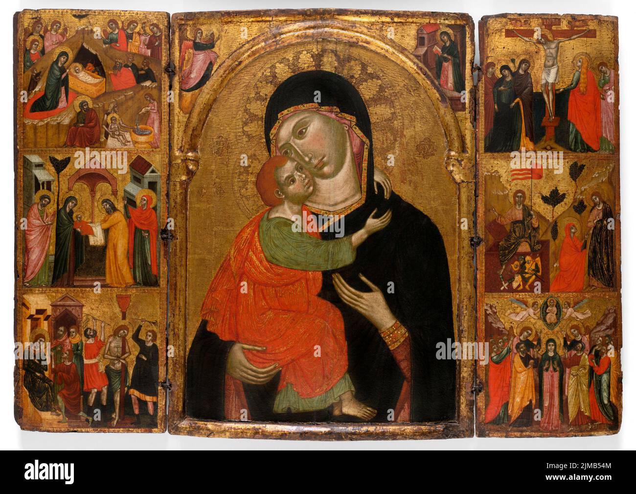 Triptychon der Jungfrau und des Kindes mit Szenen aus dem Leben Christi. Von einem italienischen Künstler, wahrscheinlich Venezianer. 1310/30. Stockfoto