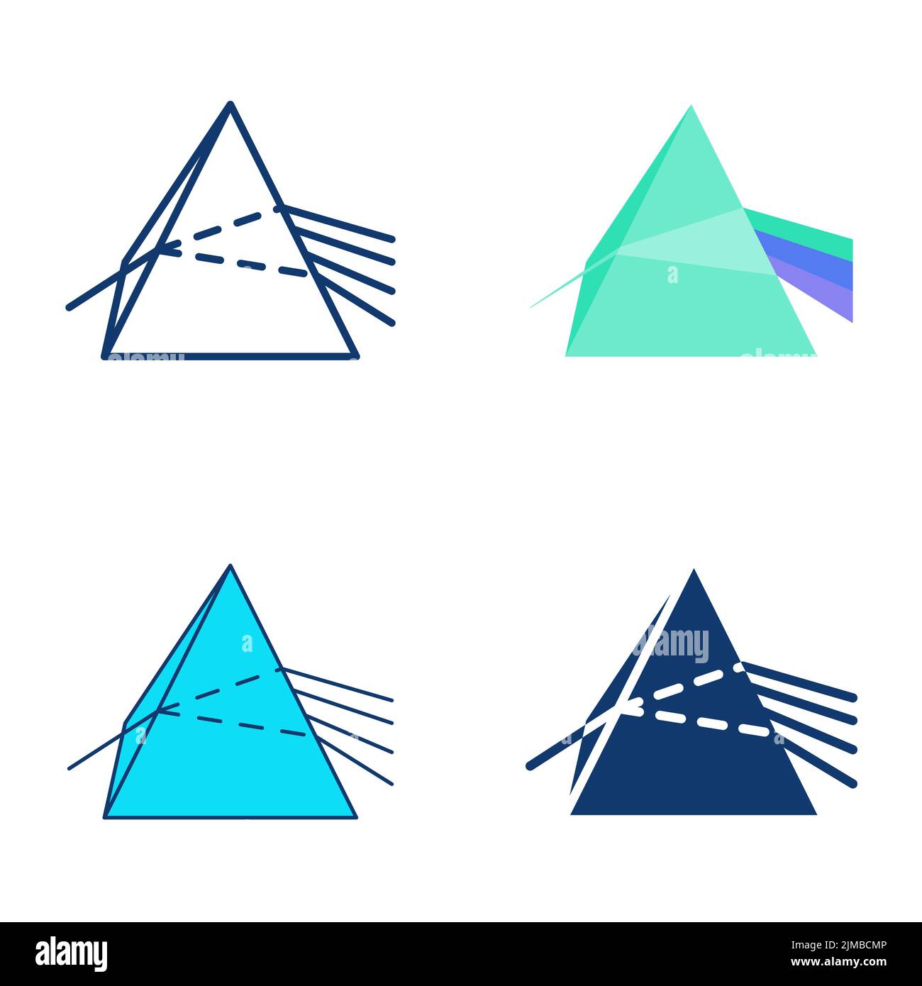 Lichtstreuung in Prisma Icon Set in flacher und linischer Ausführung. Gesetz der Physik Symbol. Vektorgrafik. Stock Vektor