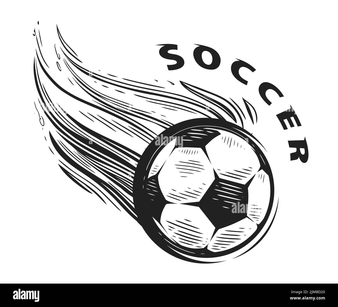Fliegendes Feuer Fußballball. Sportemblem isoliert. Handgezeichneter Skizzenvektor – Schwarz-Weiß-Illustration Stock Vektor