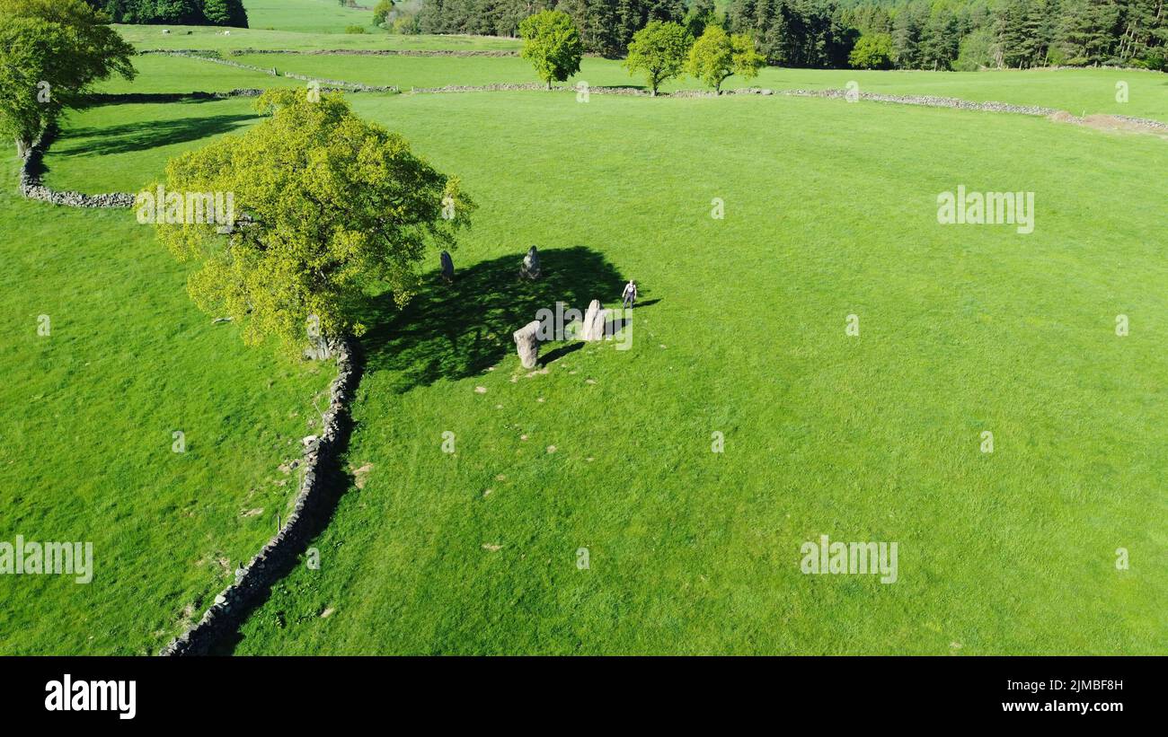 Eine Drohnenansicht von Nine Stones Close Stone Circle in der Nähe von Youlgreave in Derbyshire, England Stockfoto